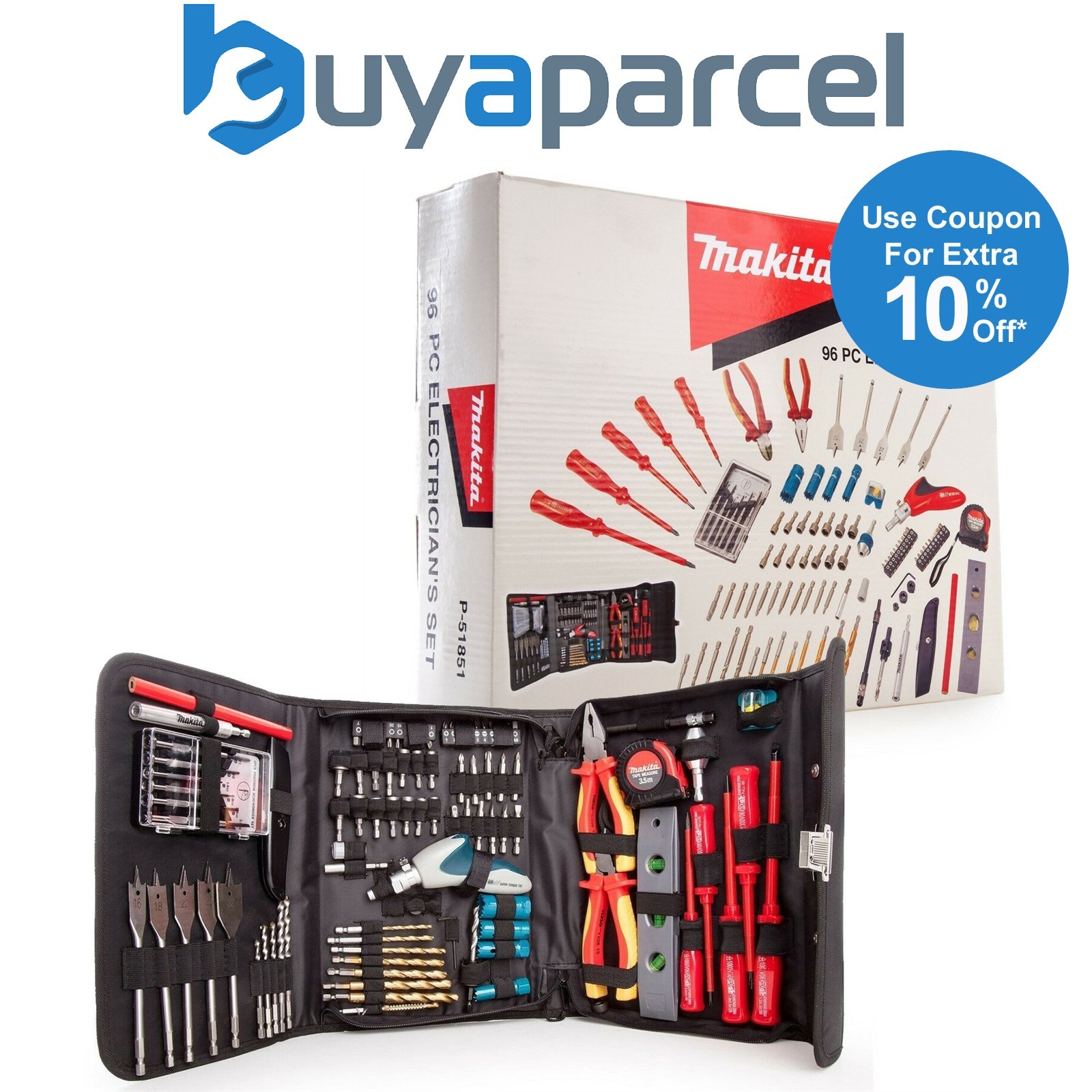 Makita P-51851 96 Piece Electricians Drill Screwdriver Tool Kit Pouch 1000W Rate