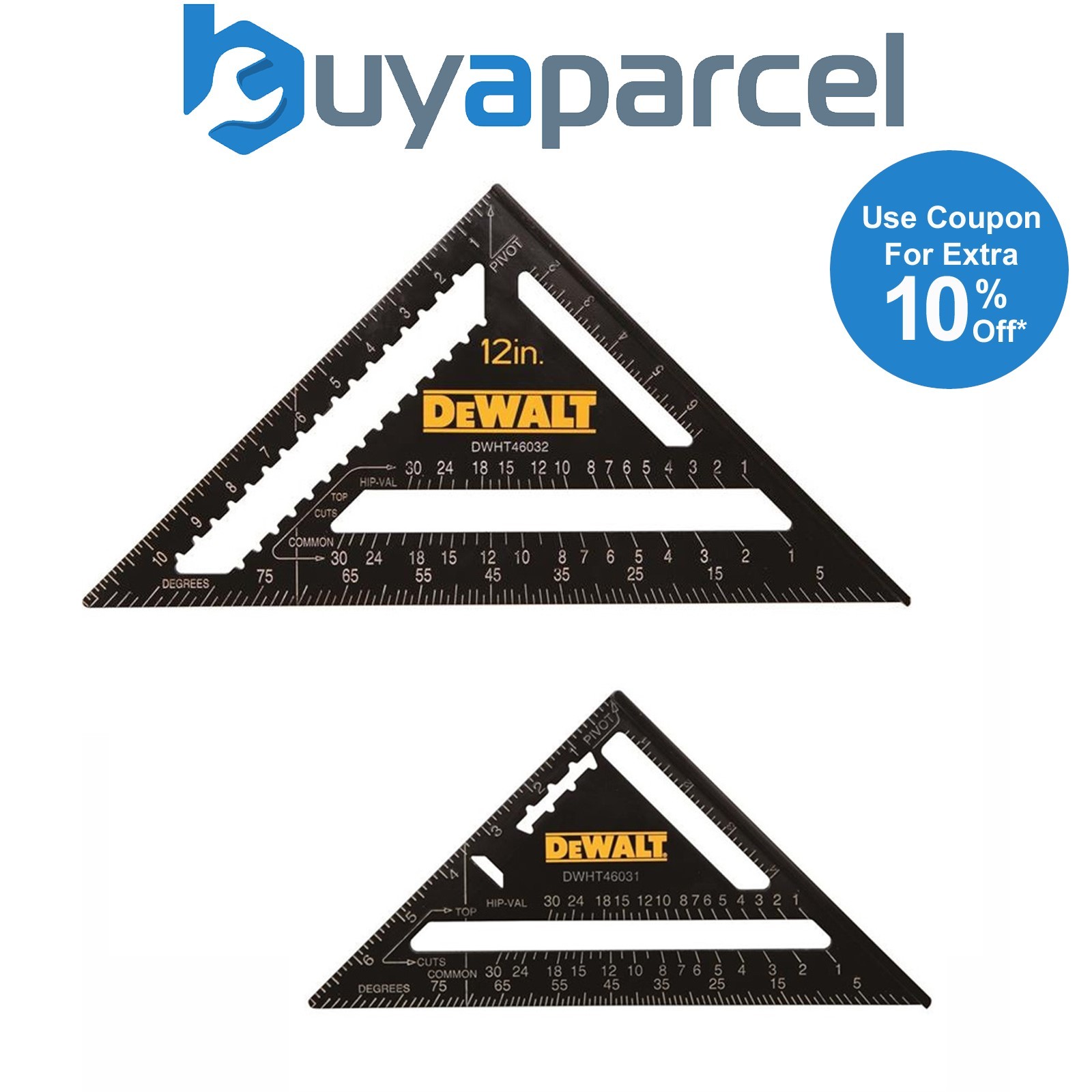 Dewalt 12 + 7 Inch Roofers Rafter Layout Squares DHT046032 DWHT46032-0 DHT046031