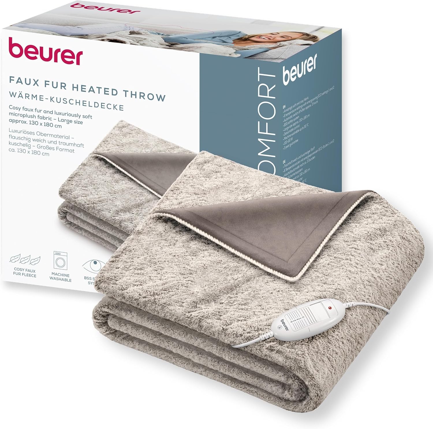 Beurer HD 75 Nordic electric blanket,cosy heated blanket in faux fur look, with