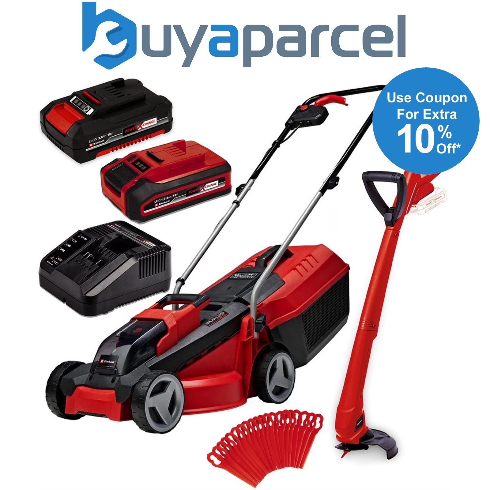 Einhell Cordless 18v Lawnmower 30cm Cut Brushless + Grass Trimmer 2x Batteries