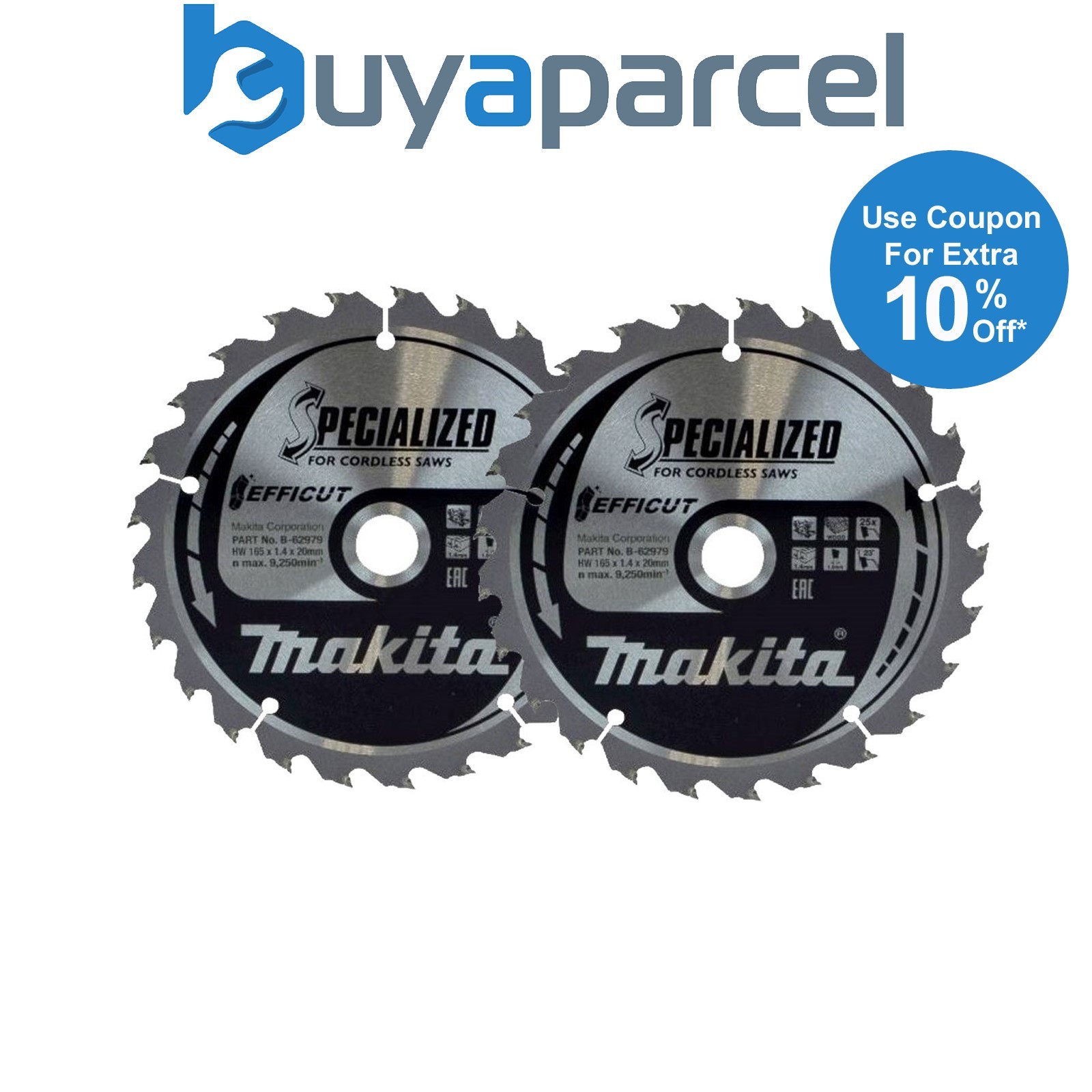2 x Makita B-62979 165mm x 20mm 25 Teeth Efficut Circular Saw Blade DHS680Z