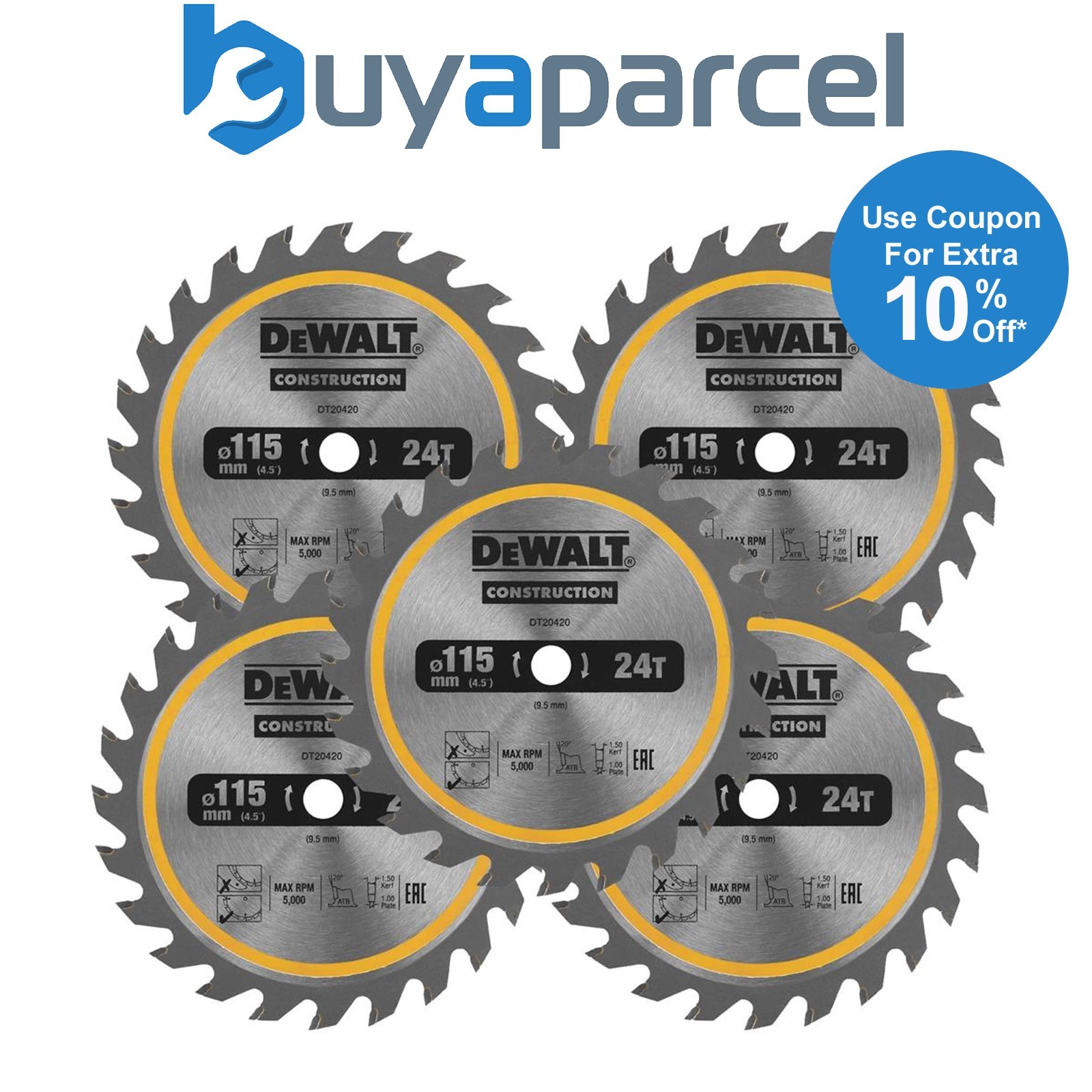 Dewalt DT20420 Circular Saw Blade 115 x 9.5mm x 24 Tooth TCT Fits DCS571 X 5