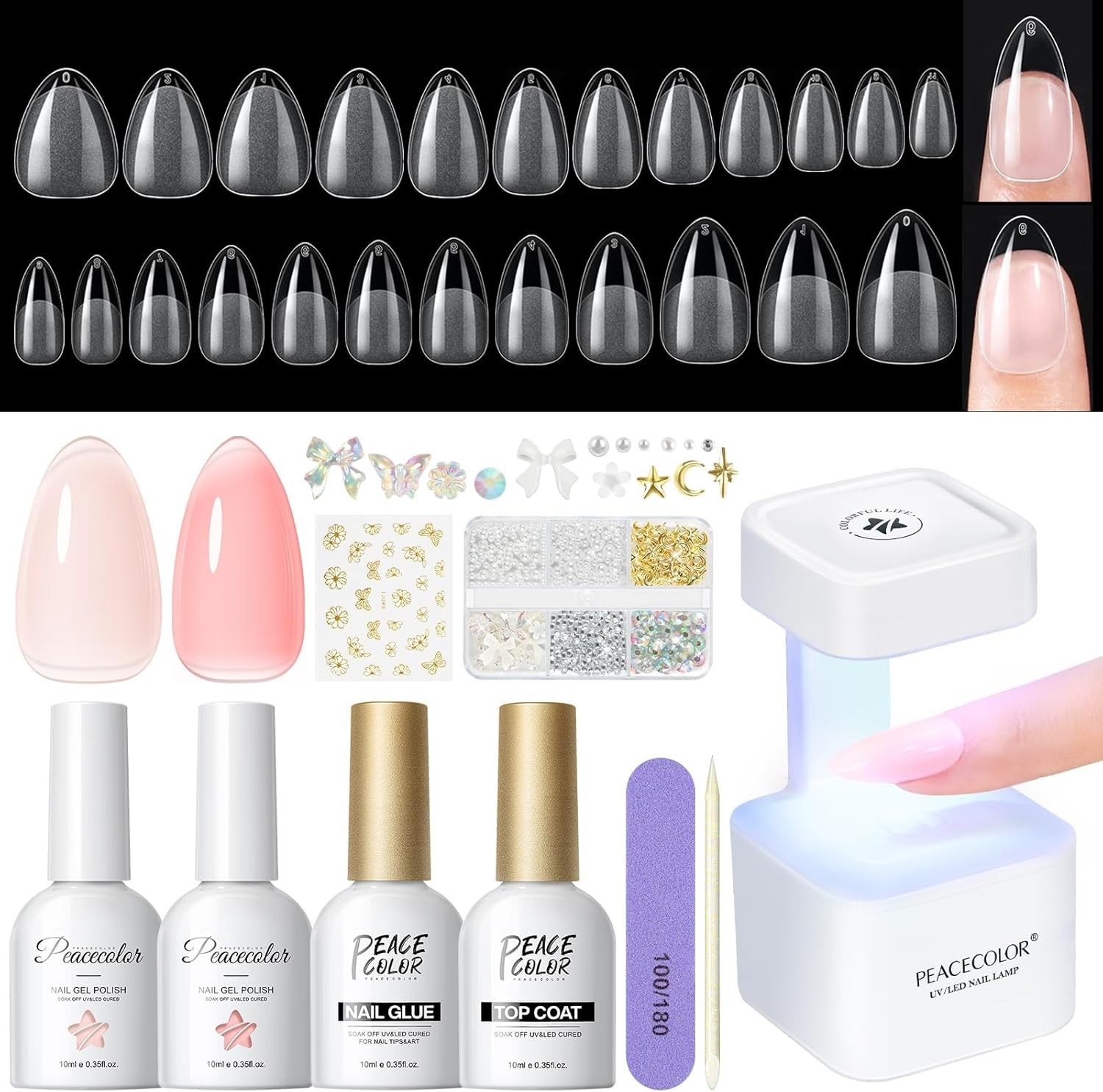 PEACECOLOR Nail Tips and Glue Gel Kit: 240Pcs Clear Short Medium Widen Almond N