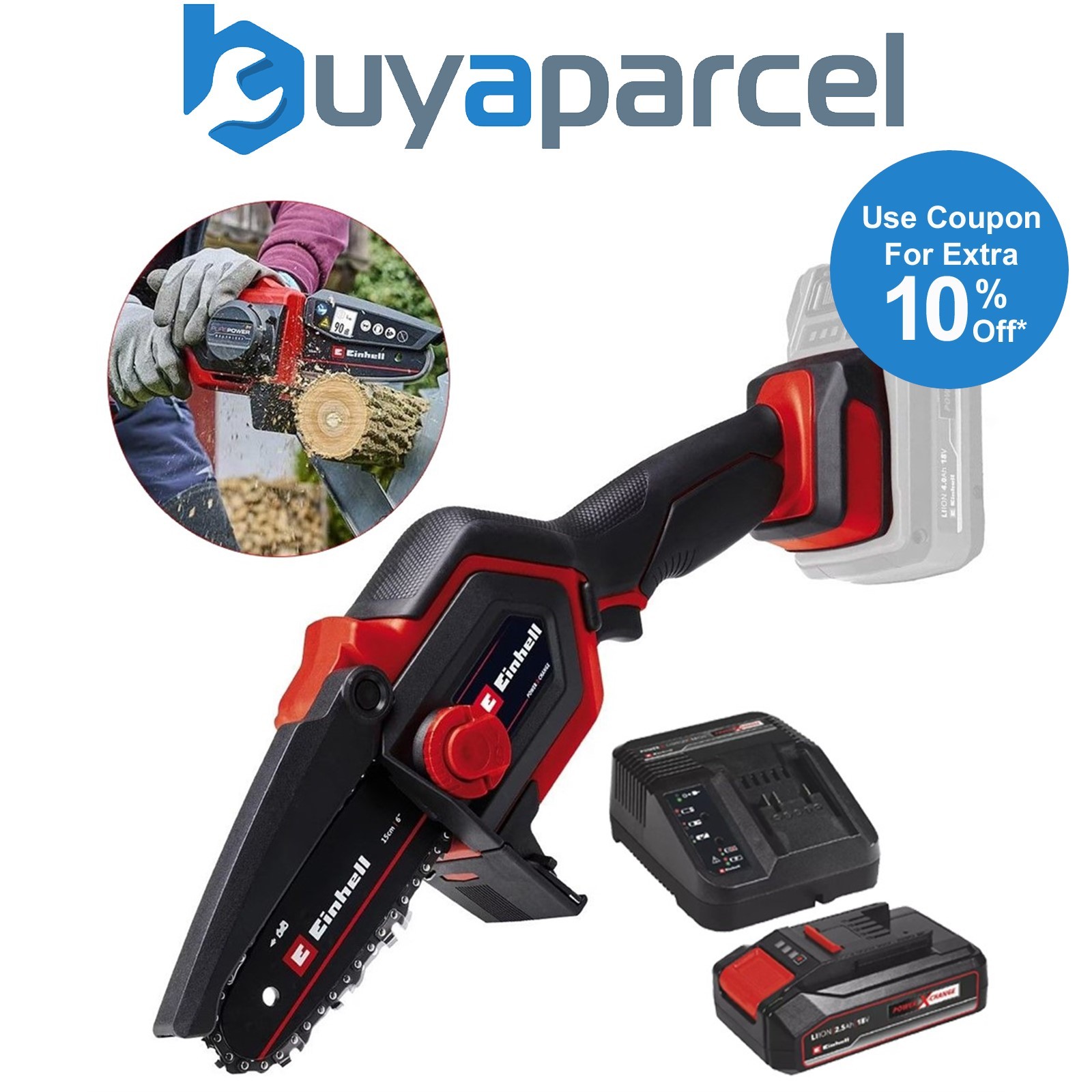 Einhell 18v Cordless Chainsaw Pruning Saw BL 15cm Hand Saw + 2.5AH Charging Kit