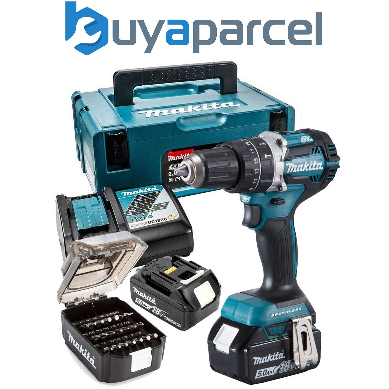 Makita DHP484TJX9 18V LXT Brushless Combi Hammer Drill Anniversary Kit 2x5ah