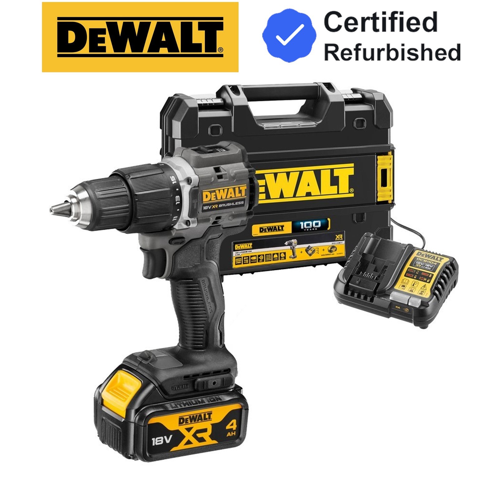 Dewalt DCD100M1T Black 18v XR Brushless Compact Combi Hammer Drill 4AH 100 Year