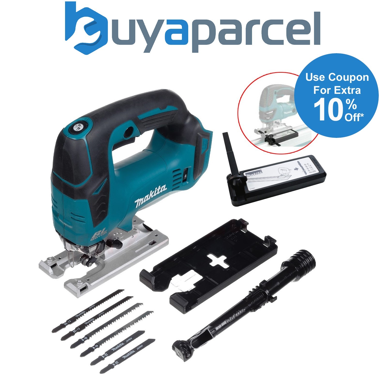 Makita DJV182Z 18v LXT Brushless Motor Top Grip Jigsaw Bare + Guide Rail Adapter