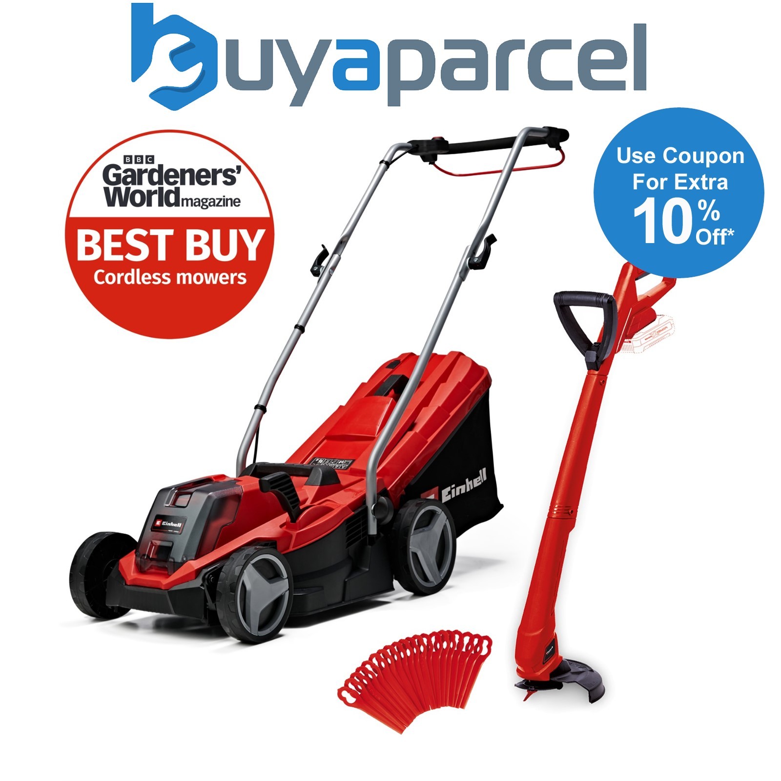 Einhell Cordless 18v Lawnmower 33cm Cut Brushless + Grass Trimmer Bare Tools