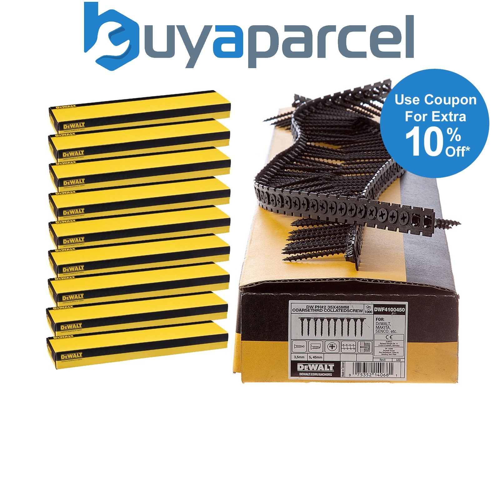 Dewalt 55mm x 3.5mm Fine Thread Collated Screws X 10,000 Fits DCF620 Makita Fein