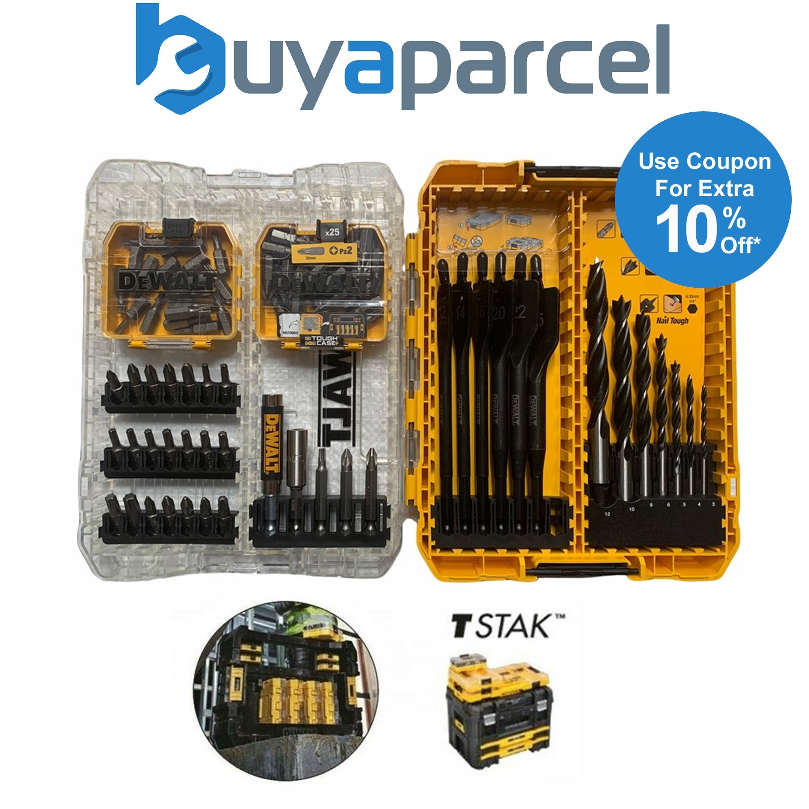 Dewalt Toughcase Extreme 82 Pc Screwdriver + Flat Spade Brad Point Bit Tstak Set