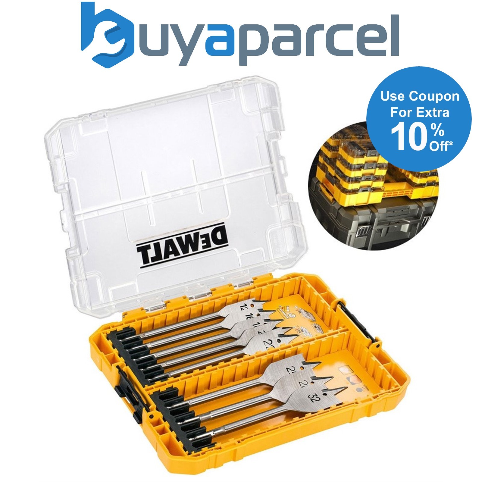 DeWalt DT70750 Flat Wood Spade Bit Set 8 Piece 12mm - 32mm + Tough Case