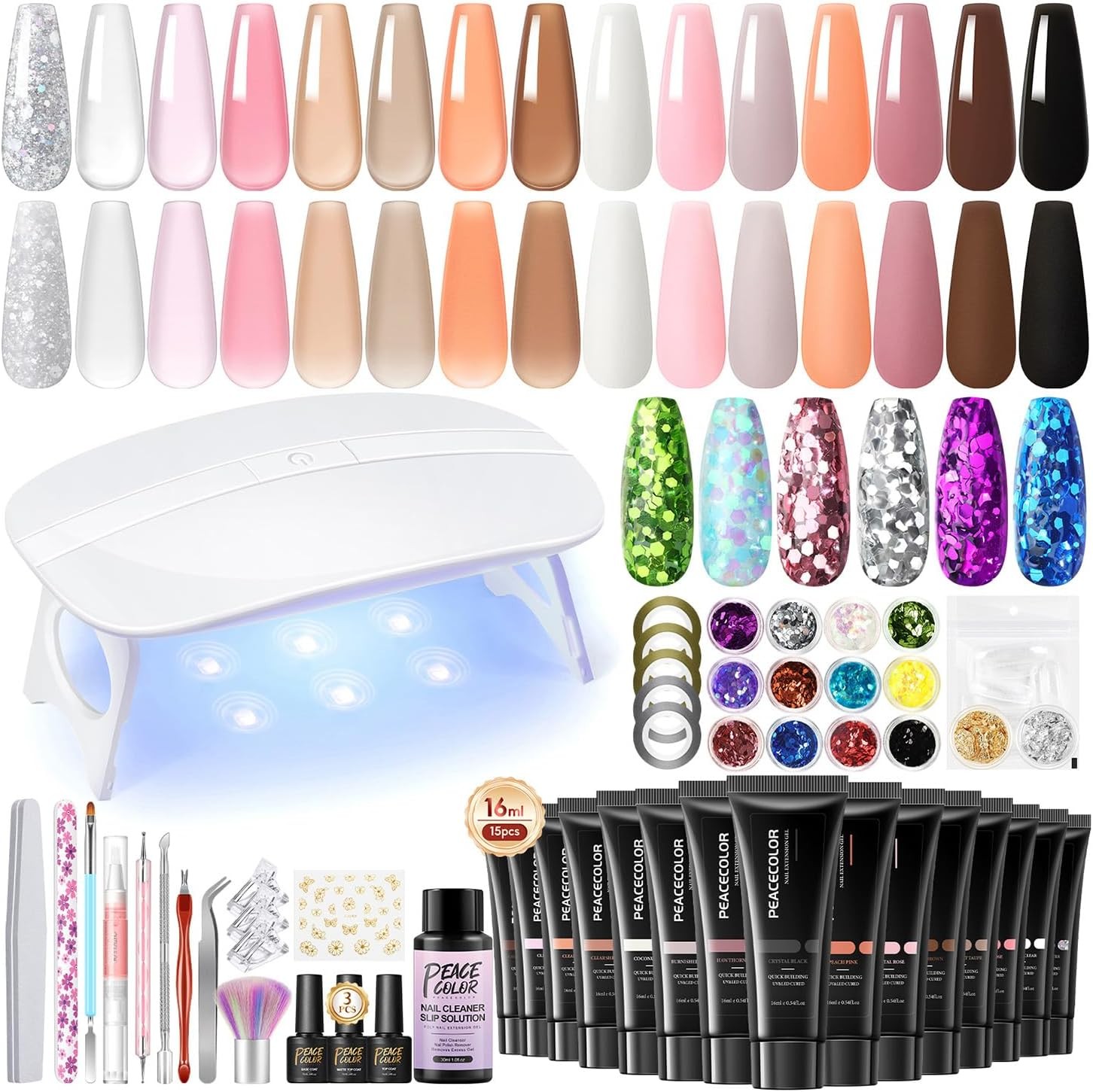 PEACECOLOR 42PCS Poly Extension Gel Nail Kit, 16ML 15 Colors Poly Nail Gel Kit