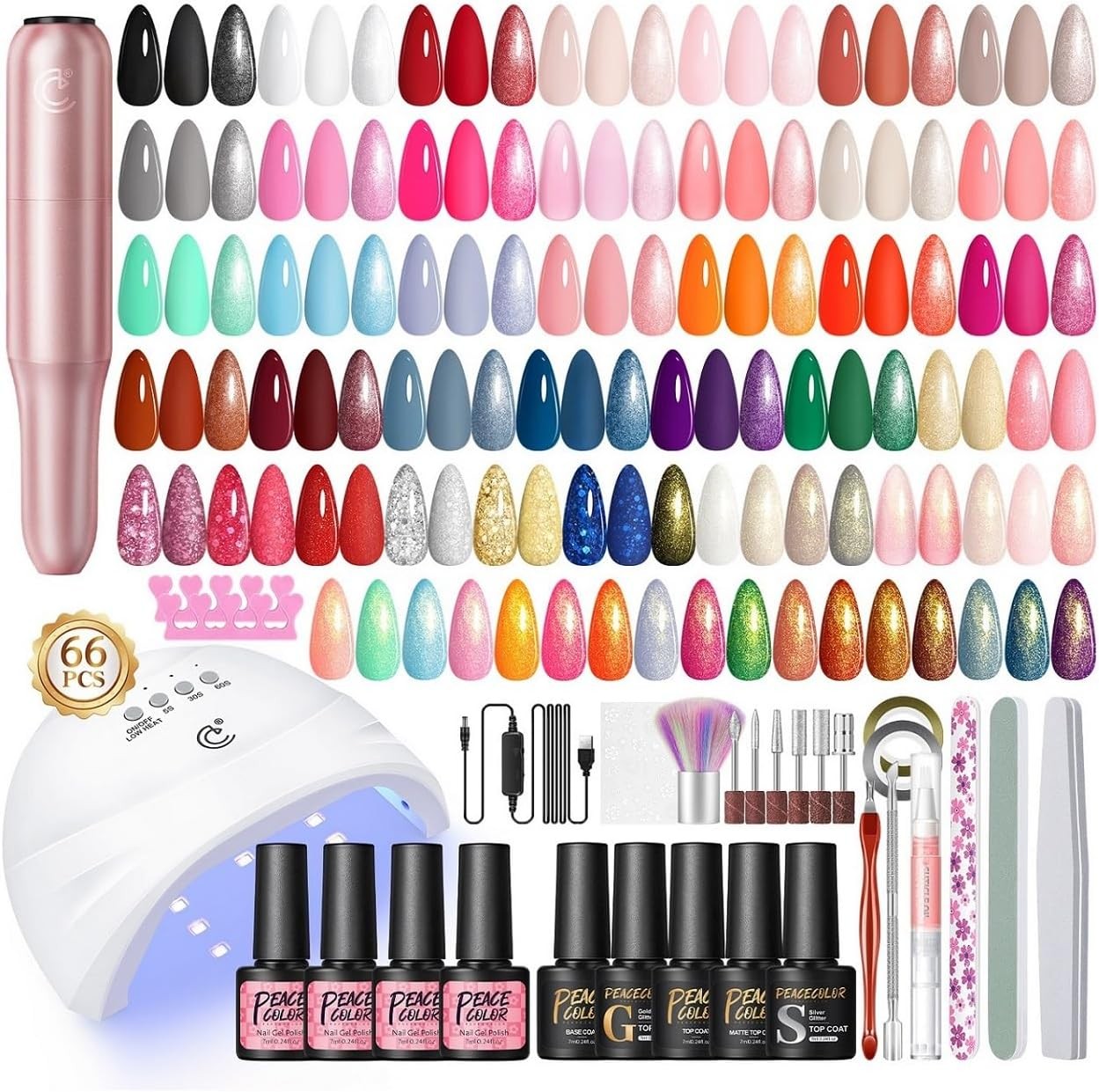 PEACECOLOR 66 Pcs Gel Nail Polish with UV Lamp and Drill, Gel Nail Kit Starter