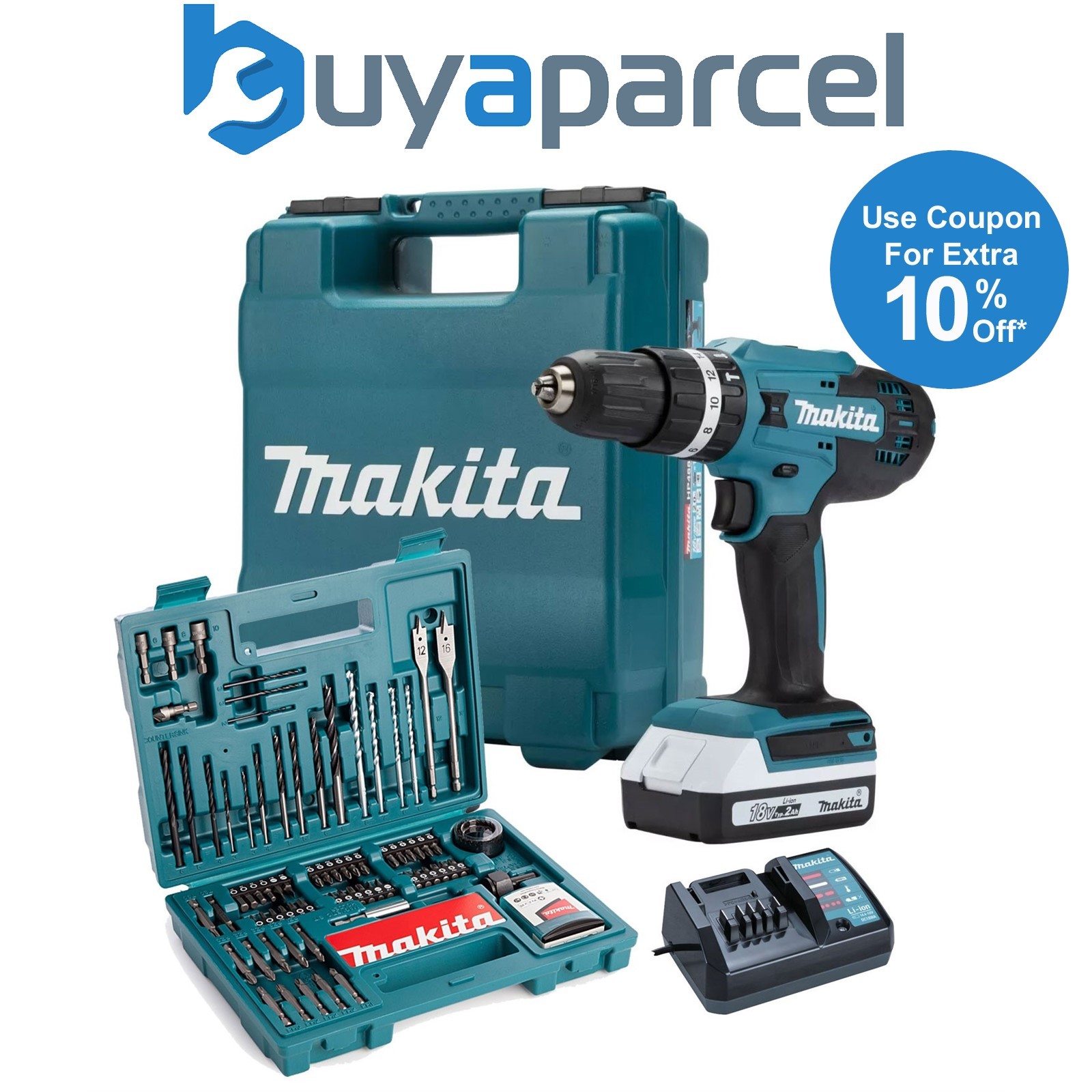 Makita HP488DWA 18v Lithium Combi Hammer Drill 1x 2Ah - 100 Screwdriver Bit Set