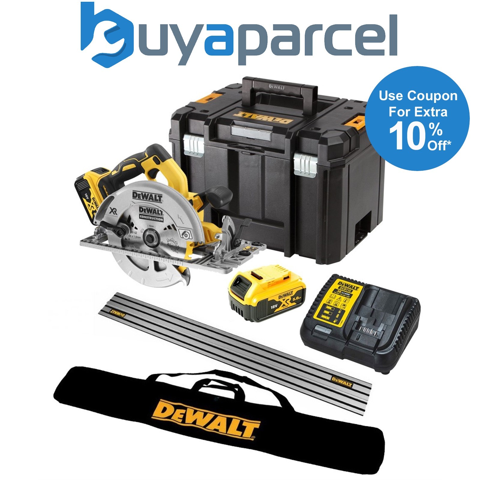 Dewalt DCS572P2 18v XR Brushless 184mm Circular Saw 2 x5.0ah + Guide Rail + Bag