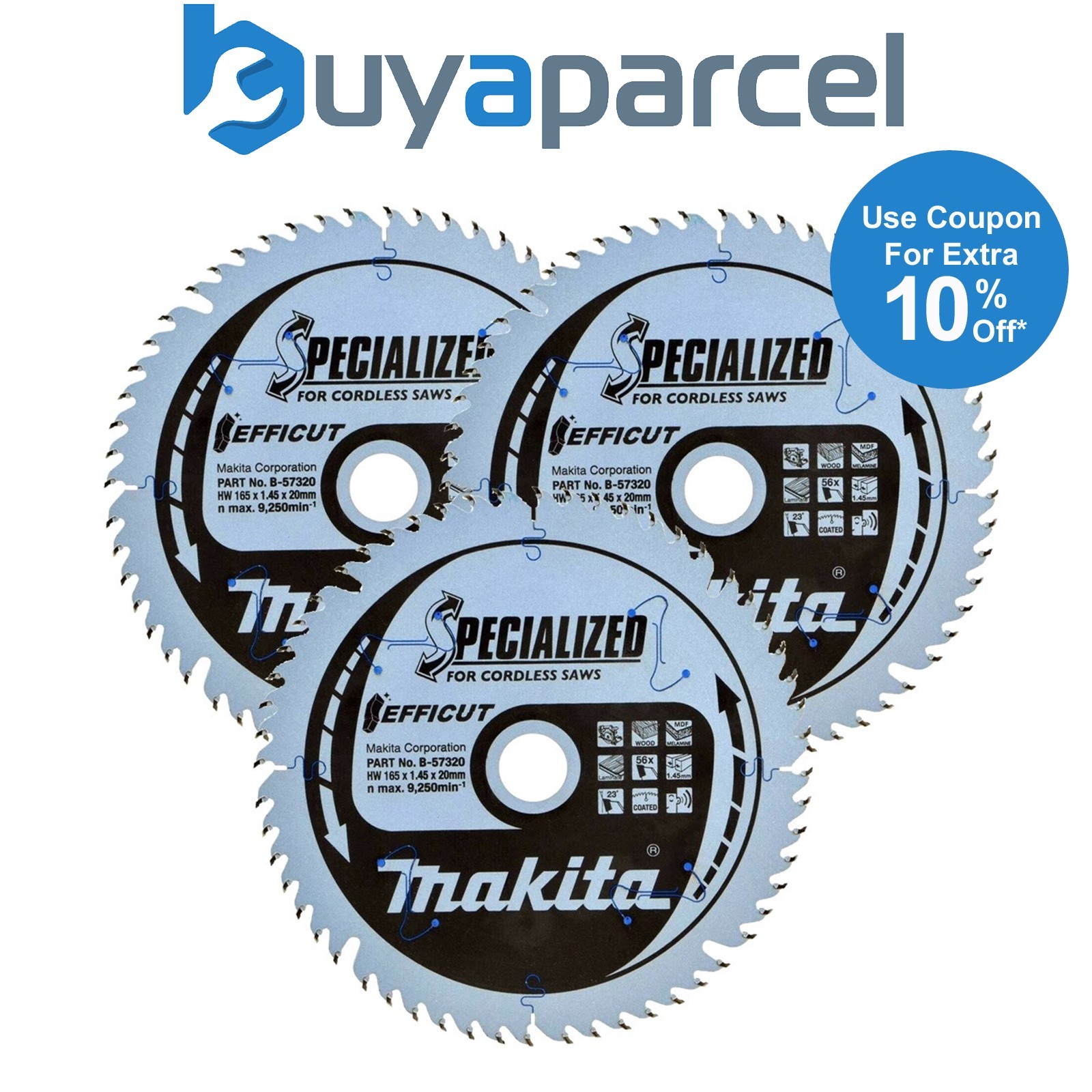 3x Makita B-57320 165mm x 20mm 56 Teeth Efficut Cordless Plunge Saw Blade DSP600