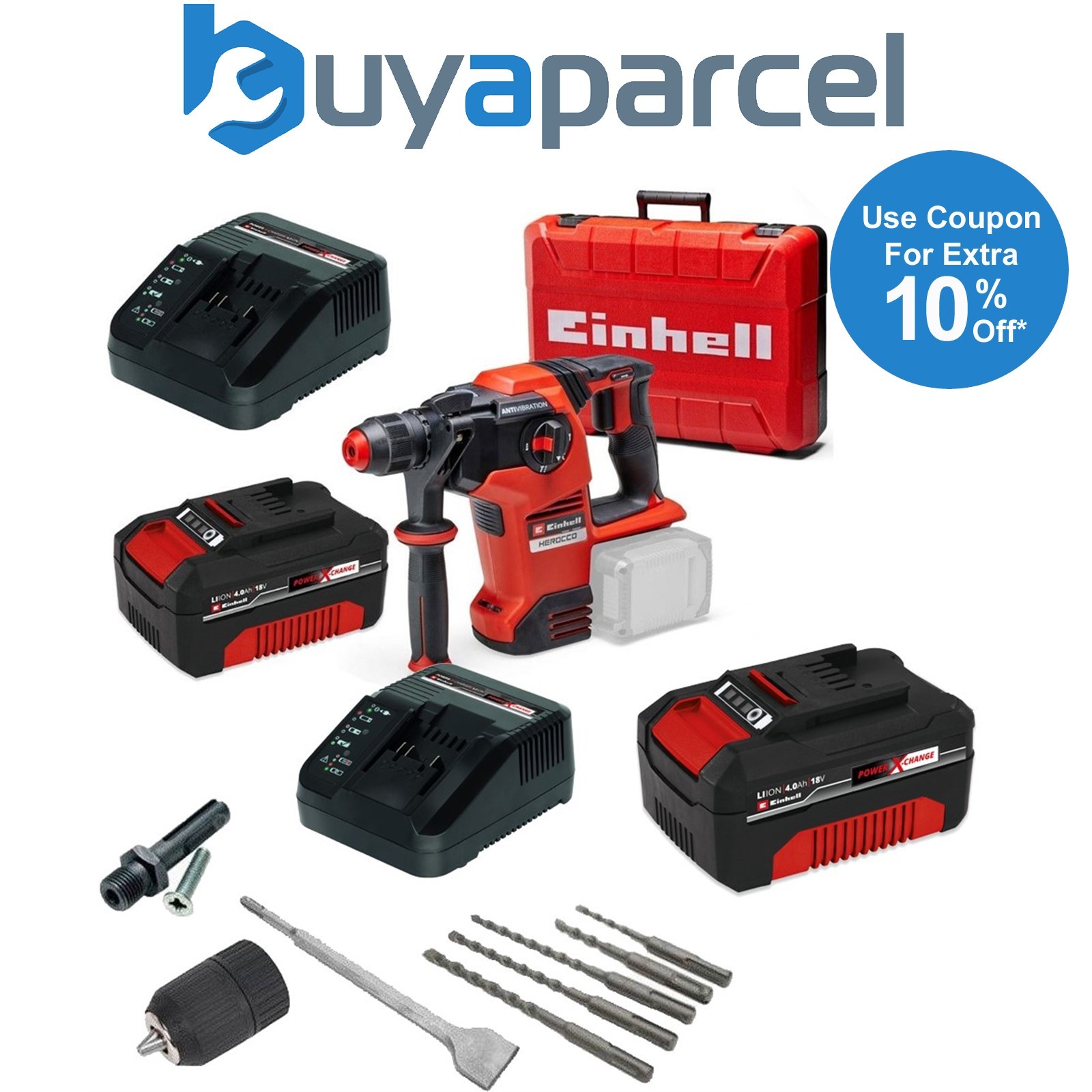Einhell 18v 36V X-Change Cordless SDS Hammer Drill Kit + SDS Bits Chisel + Chuck