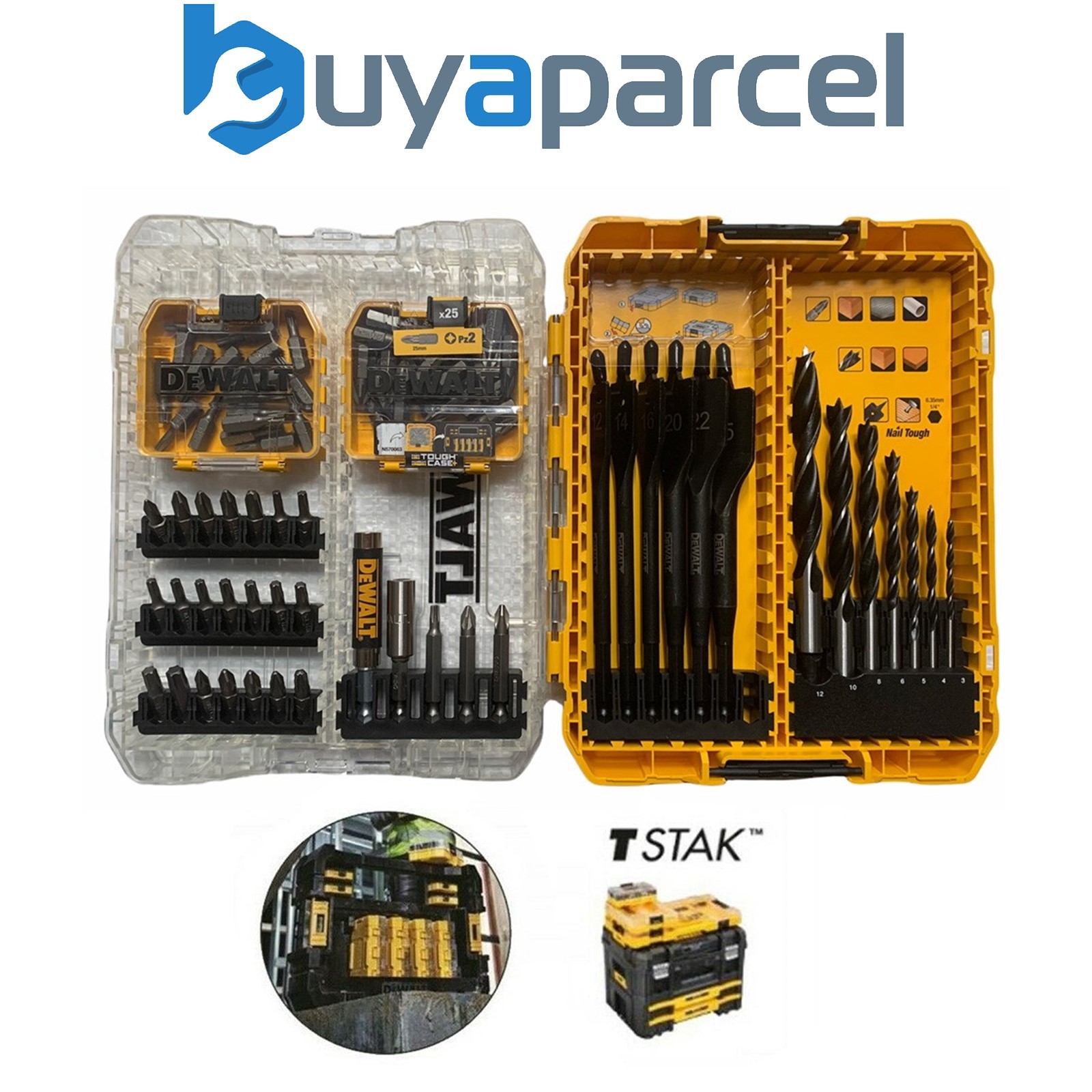 Dewalt Toughcase Extreme 107 Pc Screwdriver Flat Spade Brad Point Bit Tstak Set