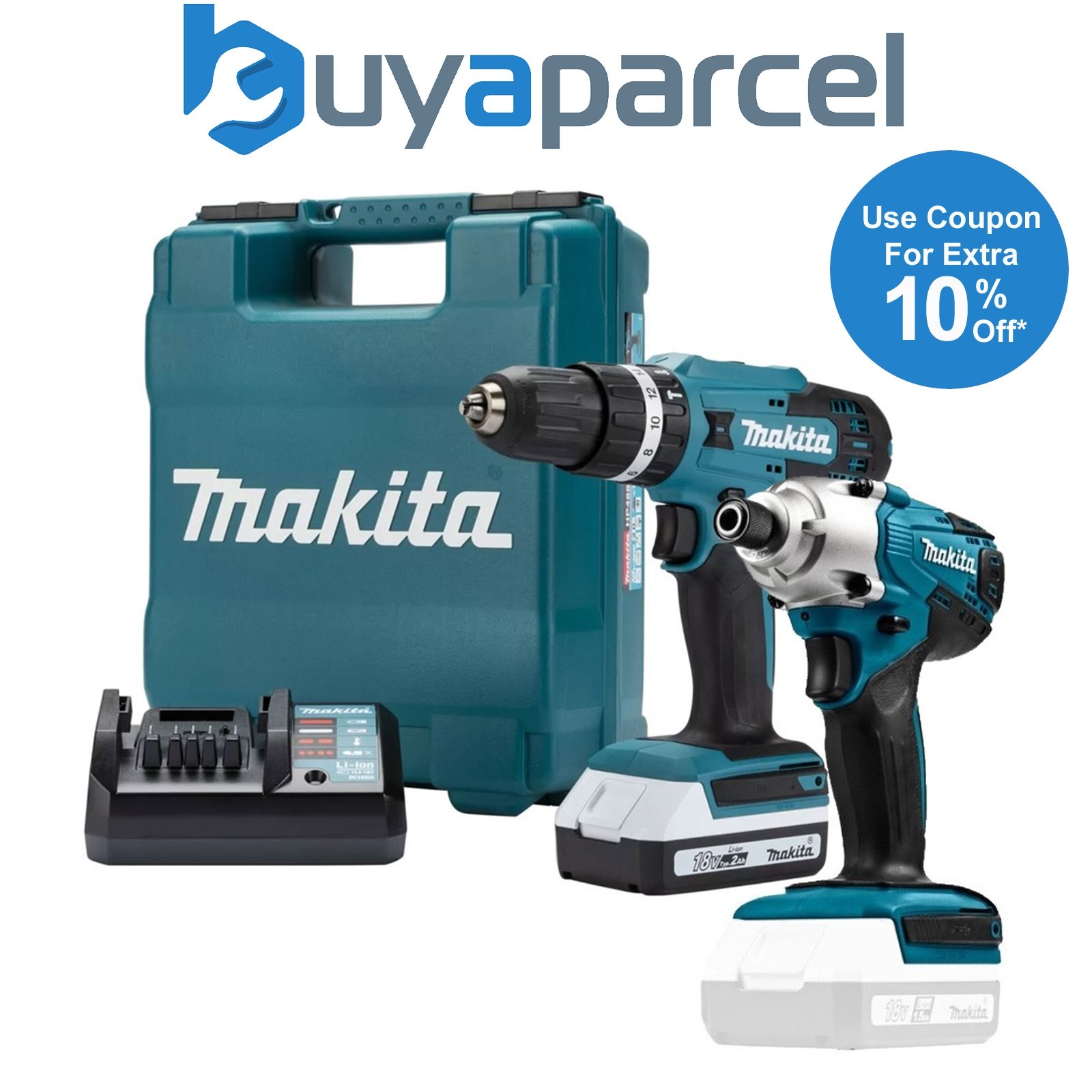 Makita 18v Lithium ion Cordless Combi Hammer Drill + Impact Driver 1x2.0 Battery