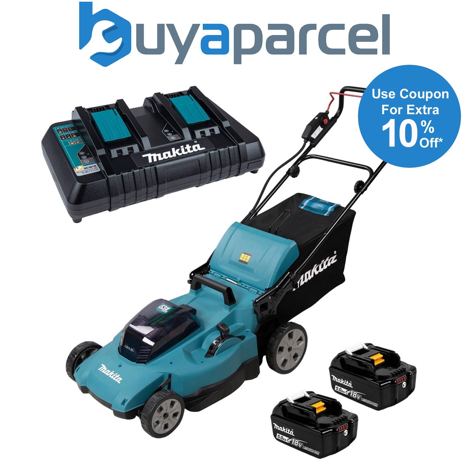 Makita DLM538PT2 Twin 18V / 36V 530mm Push Lawn Mower 2x 5.0Ah Battery Kit