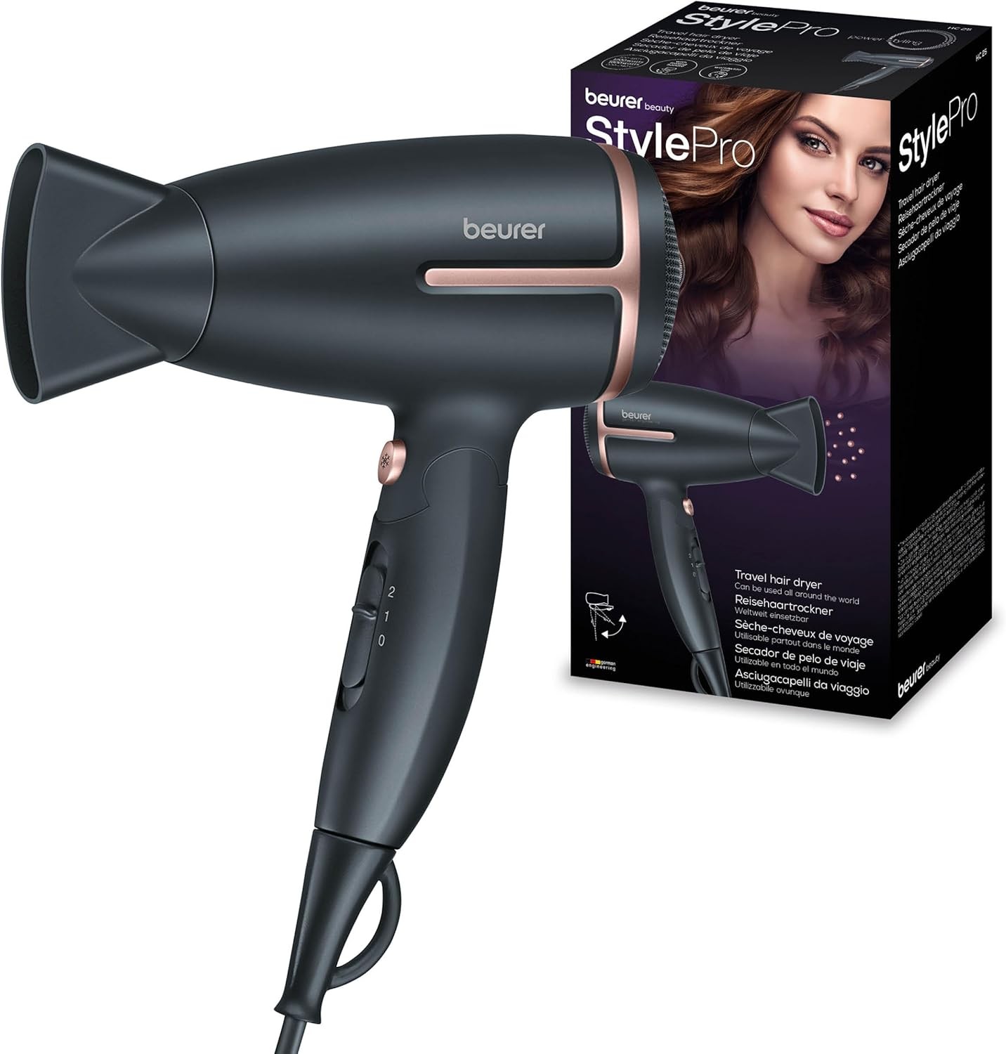 Beurer StylePro Travel Hair Dryer with ion Retractable Function 1600W Black HC25