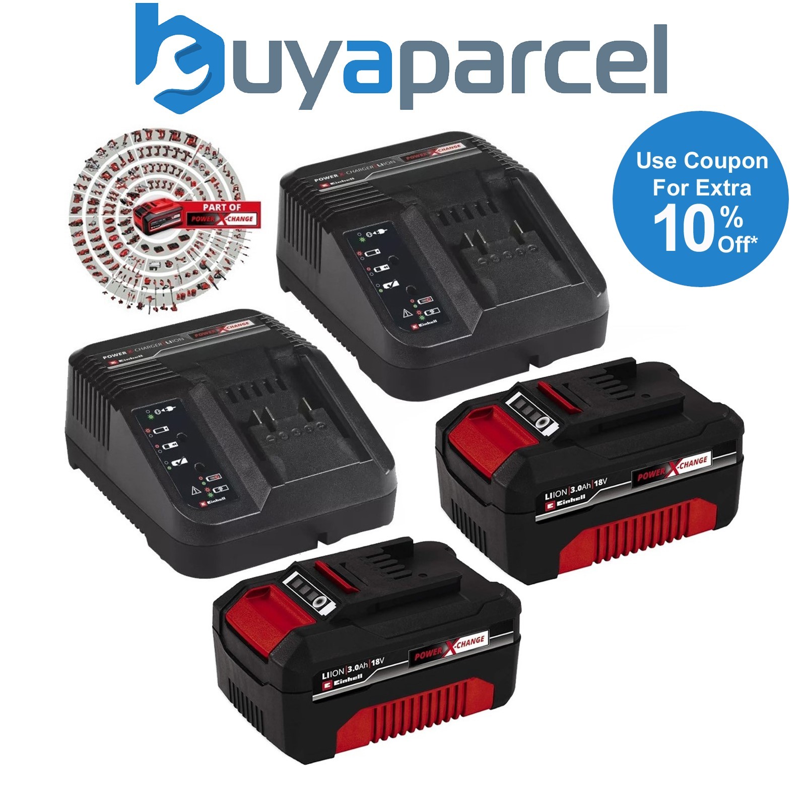 Einhell 18v / 36v Power X-Change Kit - 2x 3.0Ah Battery + 2x Fast Charger Ozito