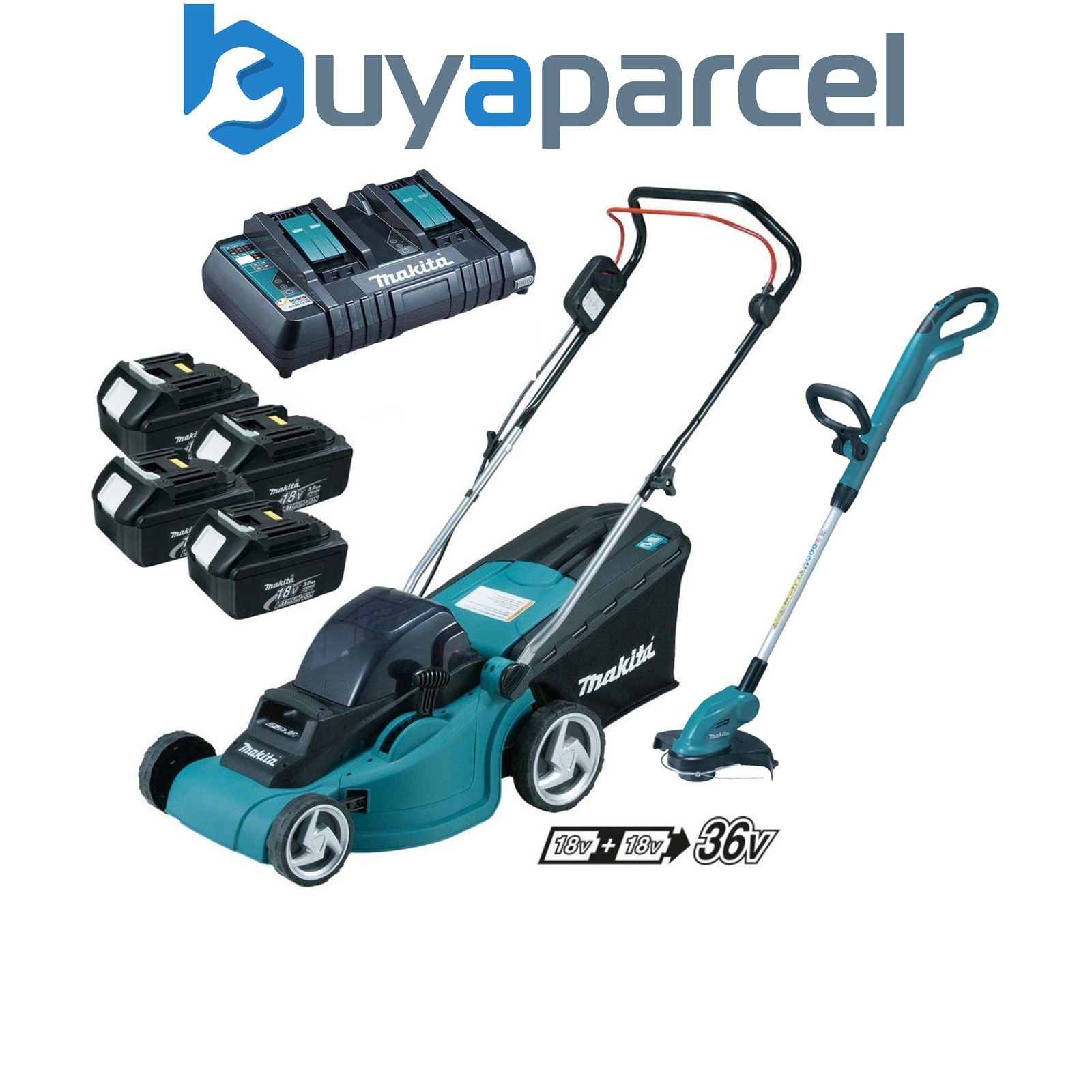 Makita DLM380PF4 18v 36v Cordless Lawn Mower + DUR181 Grass Trimmer + 4 x 3.0ah