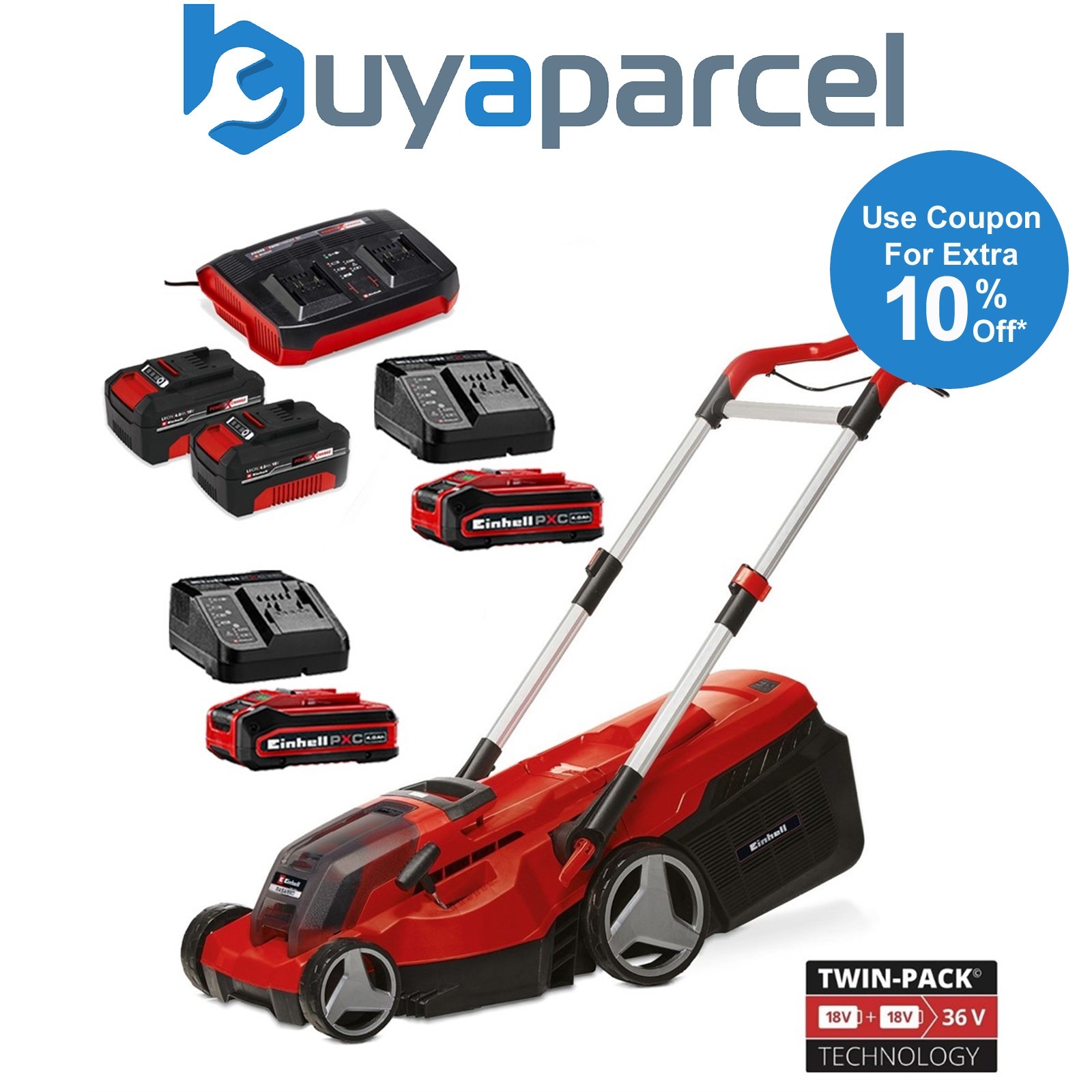 Einhell RASARRO 18V/36V Power X-Change 36/38 Lawnmower + X4 4AH Battery Kit