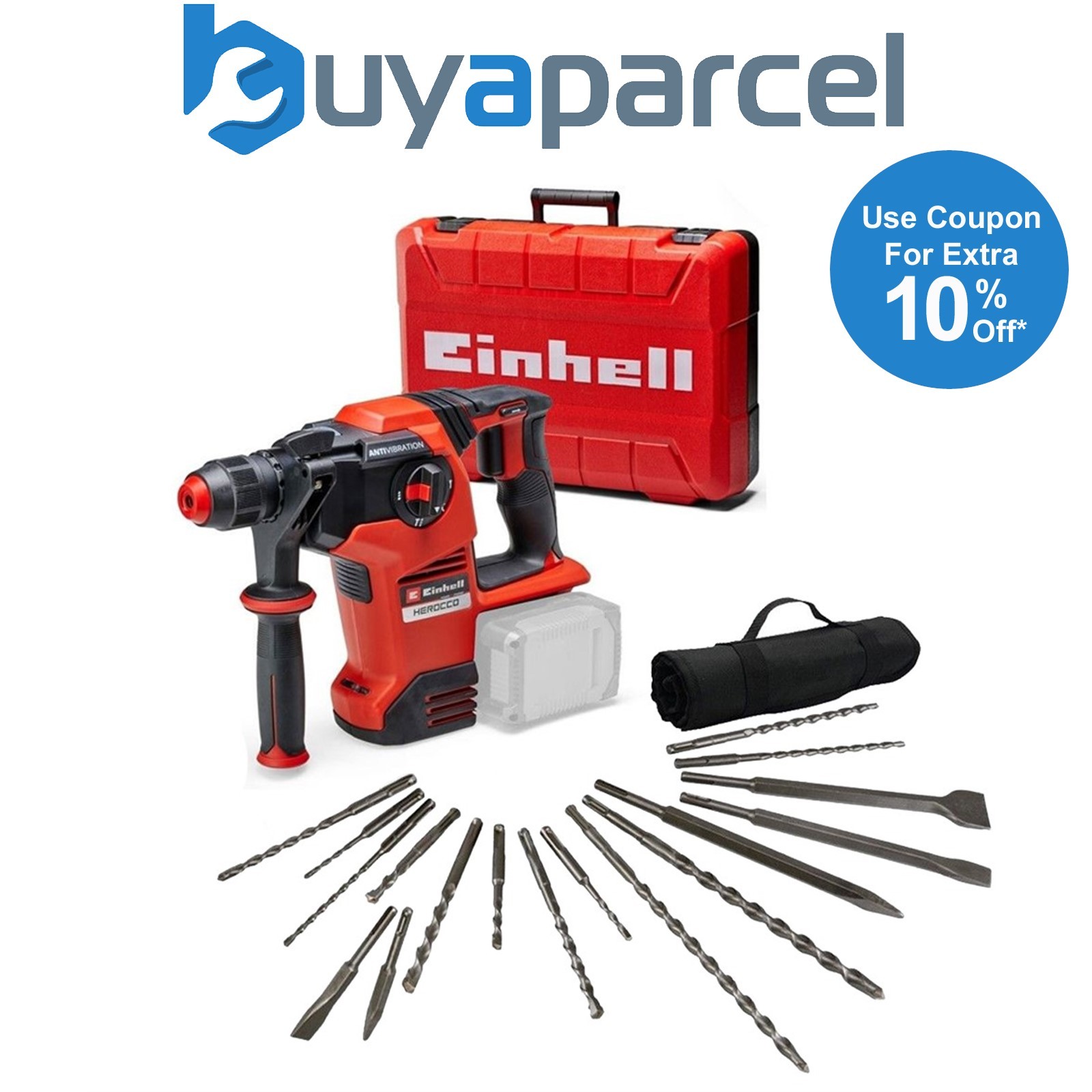 Einhell 18v 36V X-Change Cordless SDS Hammer Drill + 17PC Chisel Set Chuck