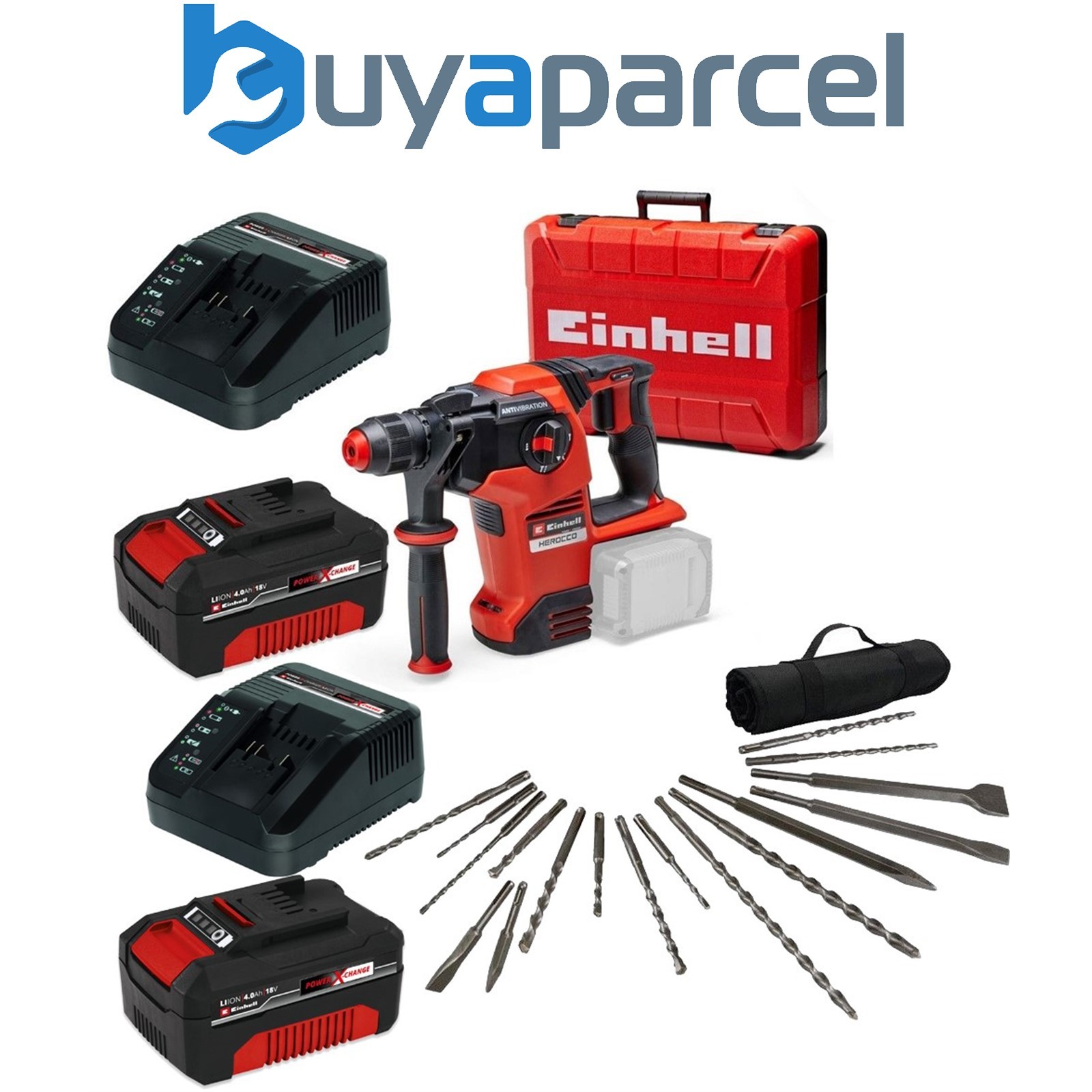 Einhell 18v 36V X-Change Cordless SDS Hammer Drill Kit + 2 x 4Ah + 17PC SDS Set