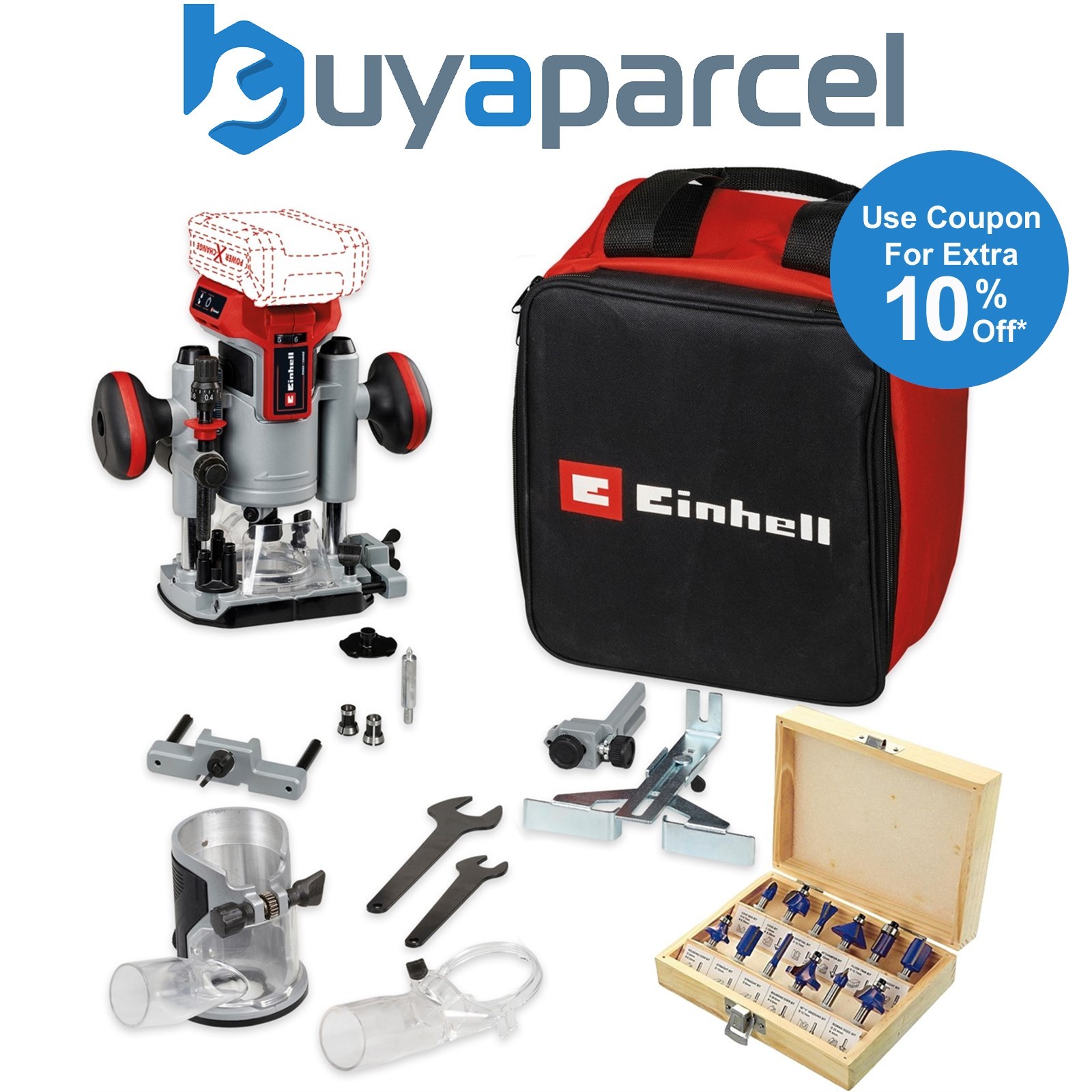 Einhell PXC 18v TP-RO 18v Cordless Brushless Router + Plunge Base + 12PC Set