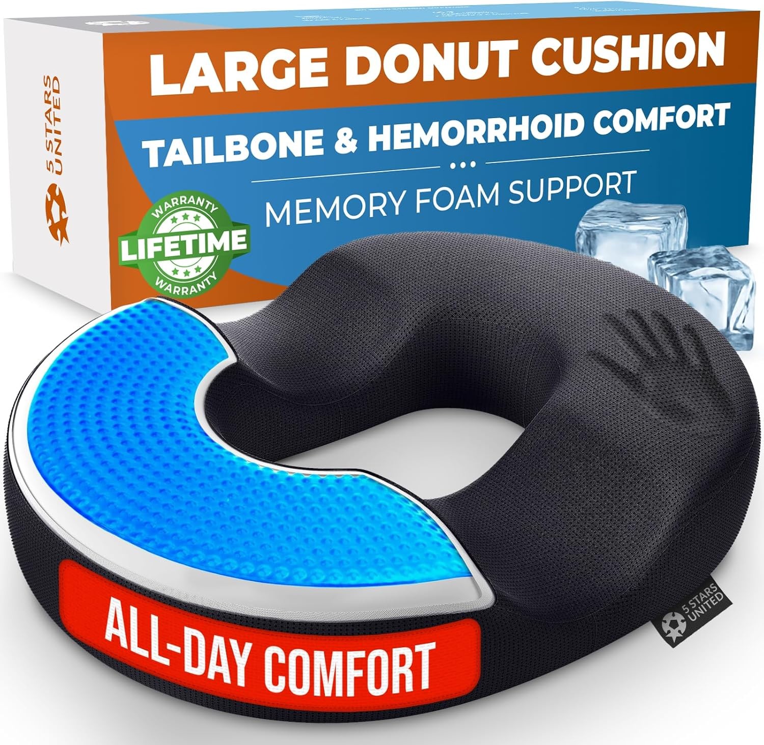 5 STARS UNITED Donut Cushion – Large Memory Foam Pillow with Cooling Gel –