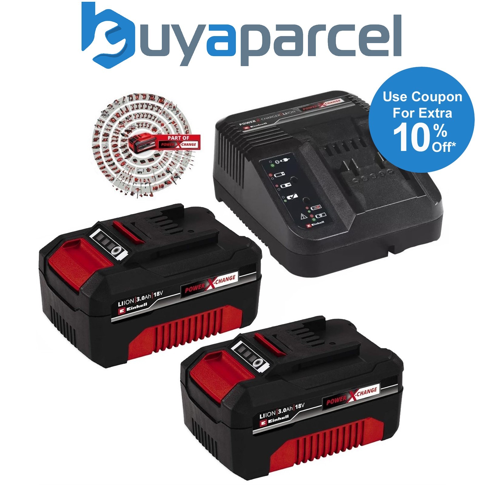 Einhell 18v Power X-Change PXC Starter Kit - 2x 3.0Ah Battery + 3ah Fast Charger