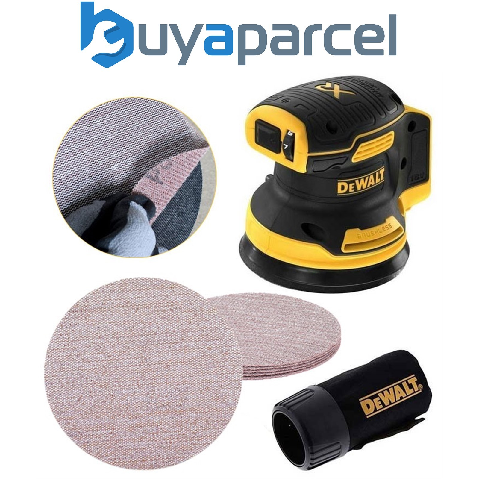 Dewalt DCW210N Cordless Brushless 18v XR Random Orbital Sander 125mm + 5 x Mesh