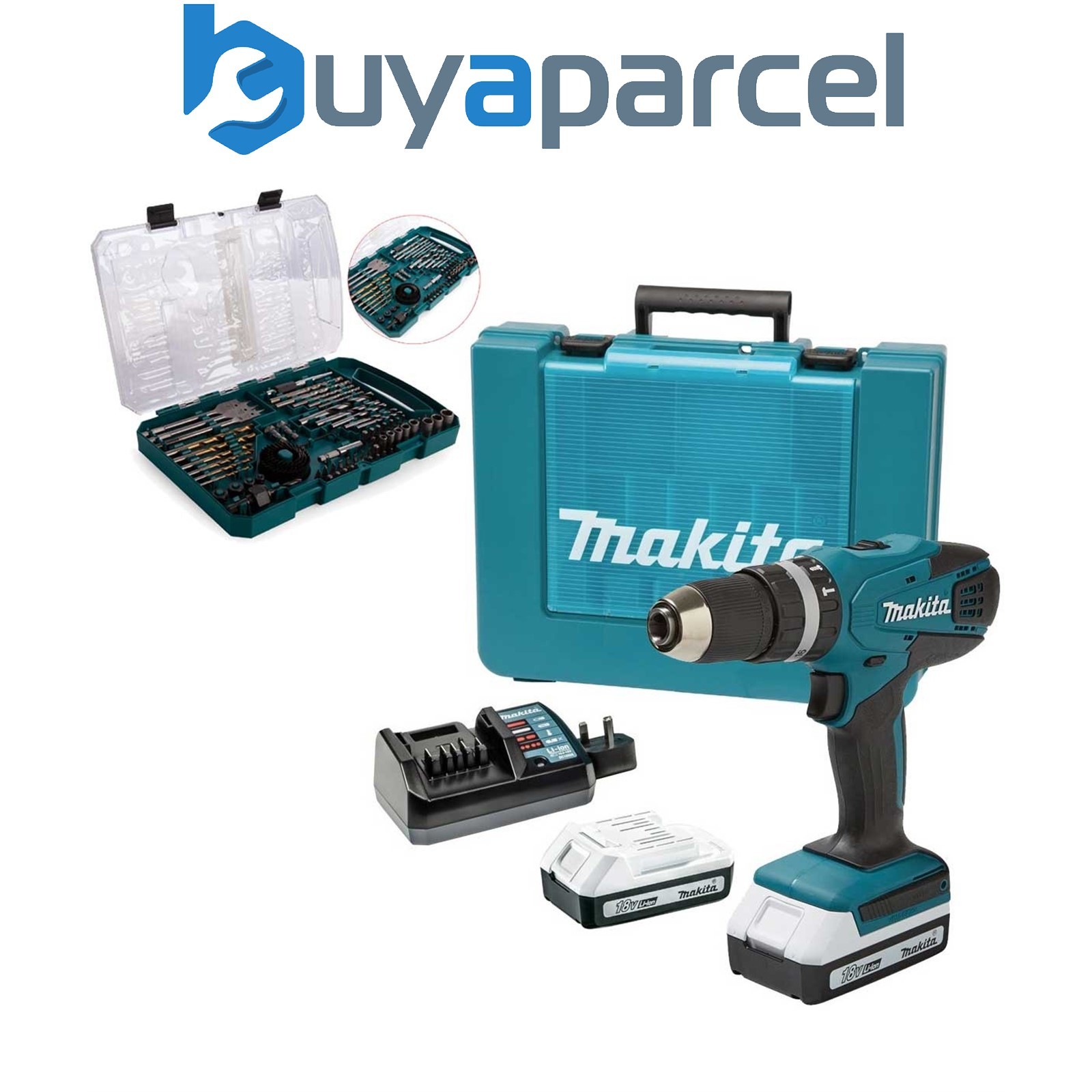 Makita 18v Li-ion Cordless Combi Hammer Drill 2 Batteries HP457DWE + Bit Set