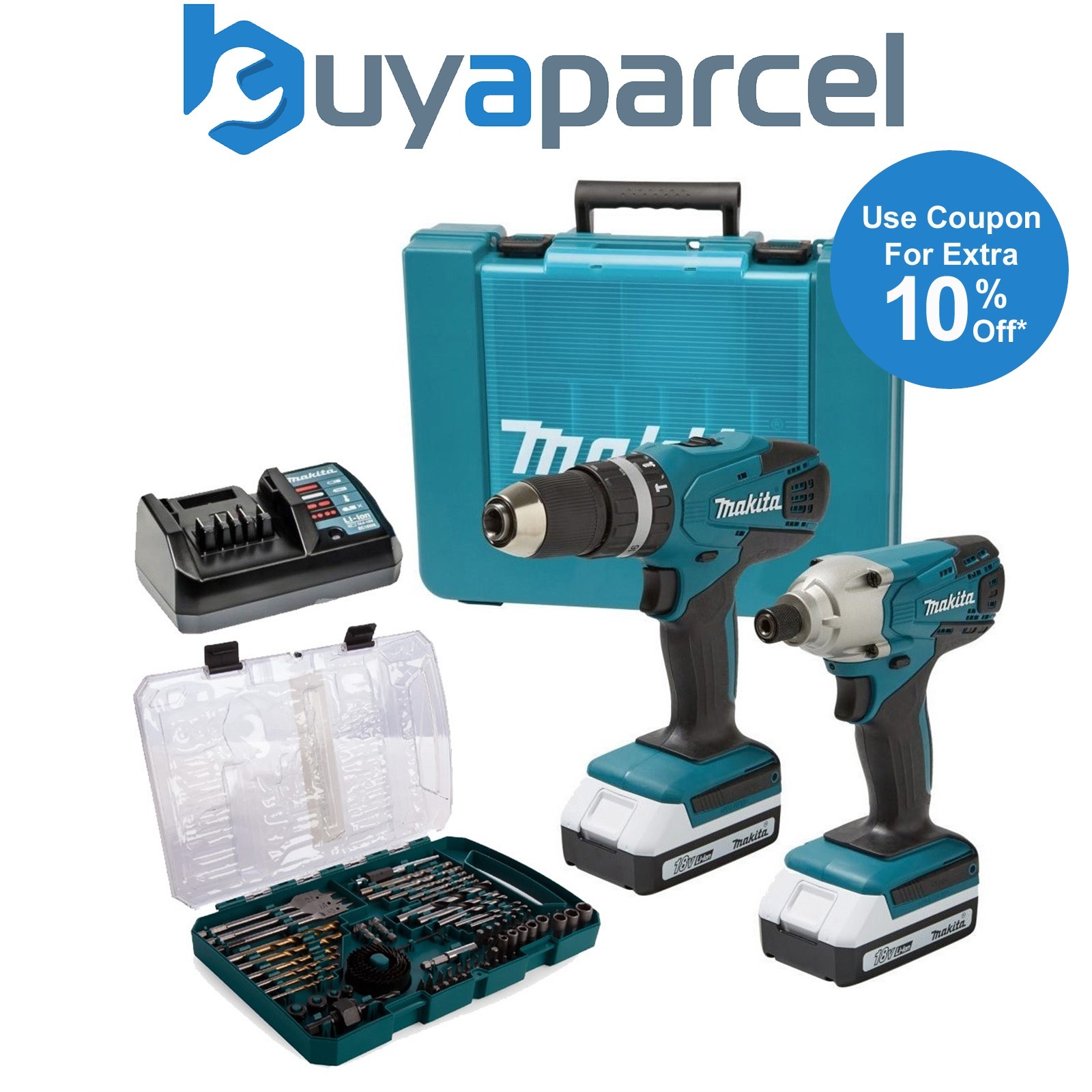 Makita 18v Cordless Li-ion Combi Hammer Drill Impact Driver Twin Pack & Bit Set