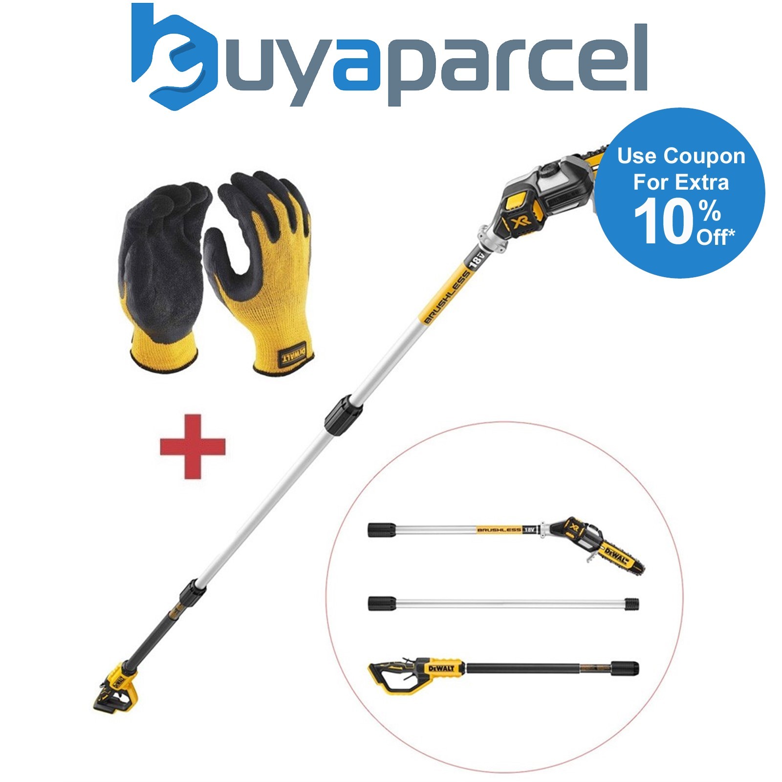 Dewalt DCMPS567N 18v XR Brushless Pole Saw Chainsaw Pruner Split Shaft + Gloves