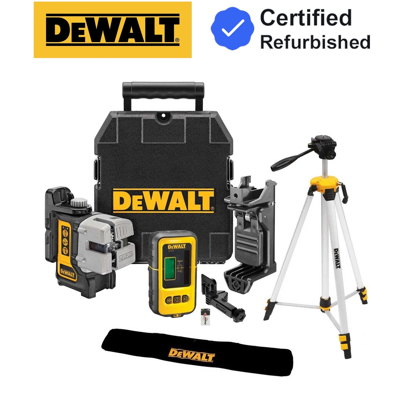 DeWalt DW089KD 3 Way Self Levelling Multi Line Laser Bracket + Detector + Tripod