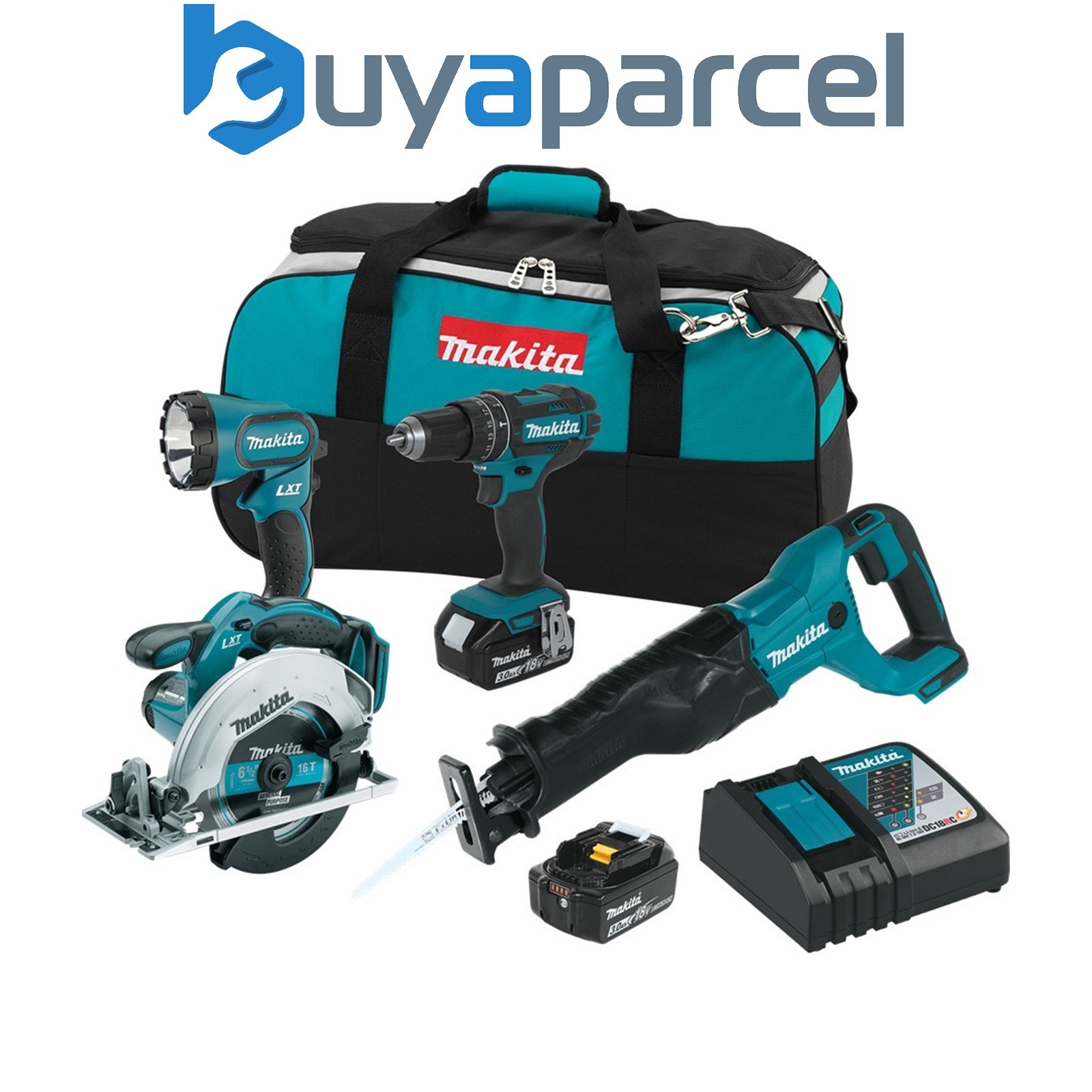 Makita LXT 18v 4 Piece Kit - Drill Circular Saw Reciprocating Saw Torch 2 x 5ah