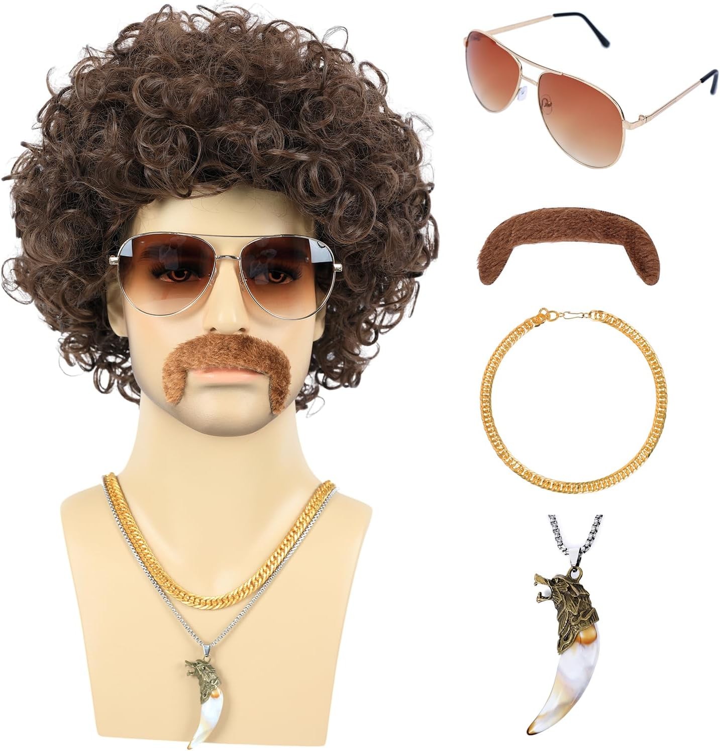 Bettecos 6pcs Set 70s 80s Disco wig with Mustache Sunglasses Necklace Golden Ch