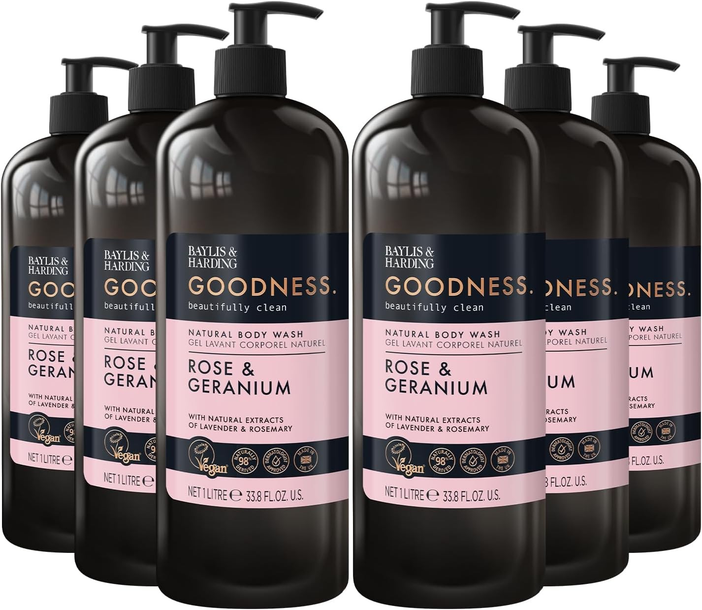 Baylis & Harding Goodness Rose & Geranium Natural Body Wash 1 Litre (Pack of 6)