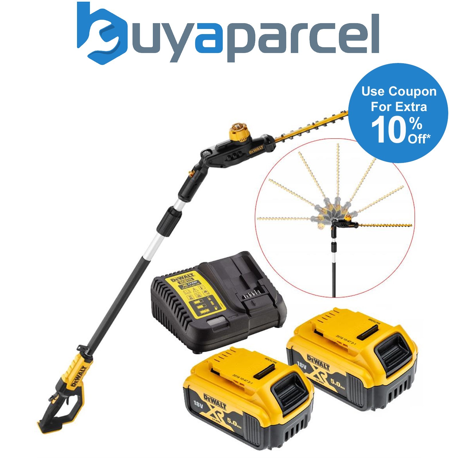 Dewalt DCMPH566P2 18v XR Brushless Pole Hedge Trimmer 55cm Long Reach 3.35m 5ah