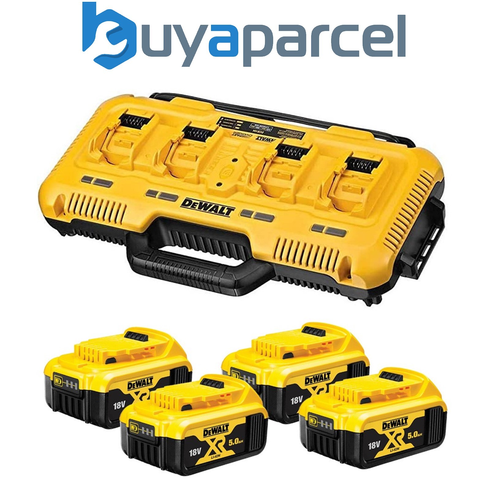 DeWalt DCB104 18v Li-Ion XR 4 Port Fast Battery Charger + 4 x 5.0Ah Batteries