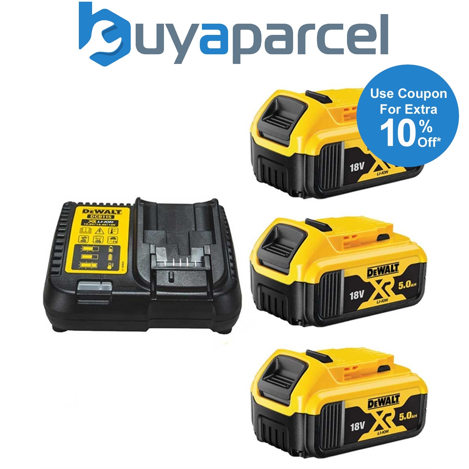 3 x Dewalt DCB184 5.0ah 18v XR Lithium Ion Battery + DCB115 Charger