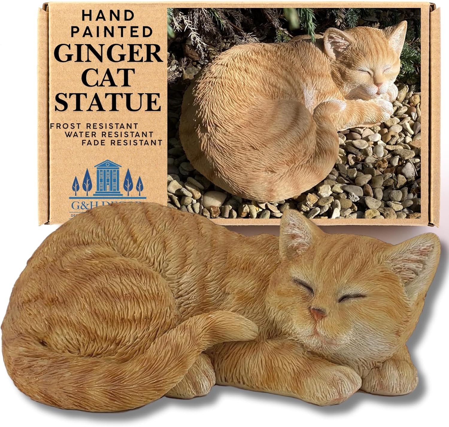 G&H Decor Realistic Ginger 32cm Sleeping Cat - Cat Gift for Woman - Weather-Res