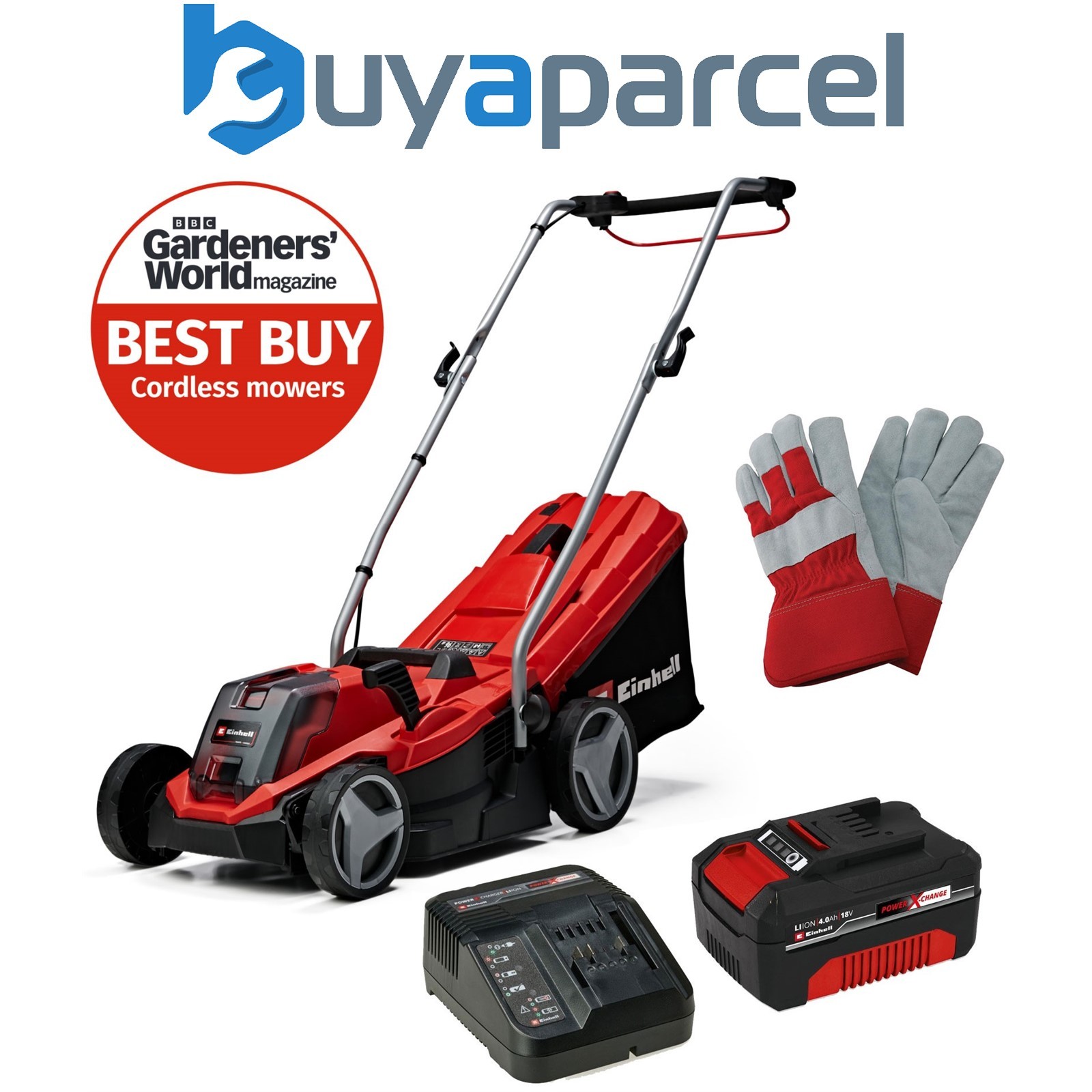 Einhell 33cm Cordless Lawnmower 18V Rotary PXC GE-CM 18/33 Li 4Ah Battery Gloves