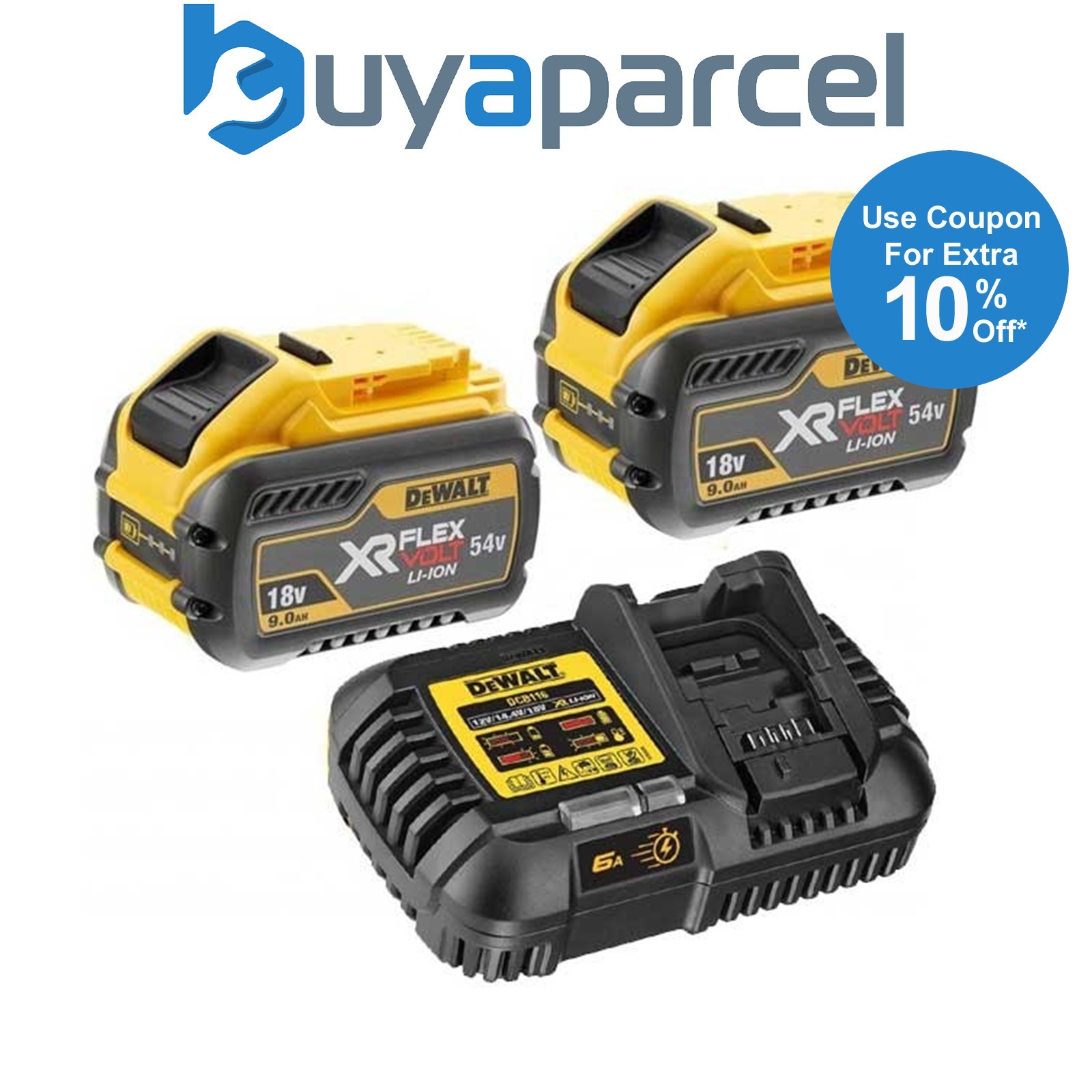 2 x Dewalt DCB547 18v / 54v XR Flexvolt 9.0ah Battery + DCB116 Fast Charger