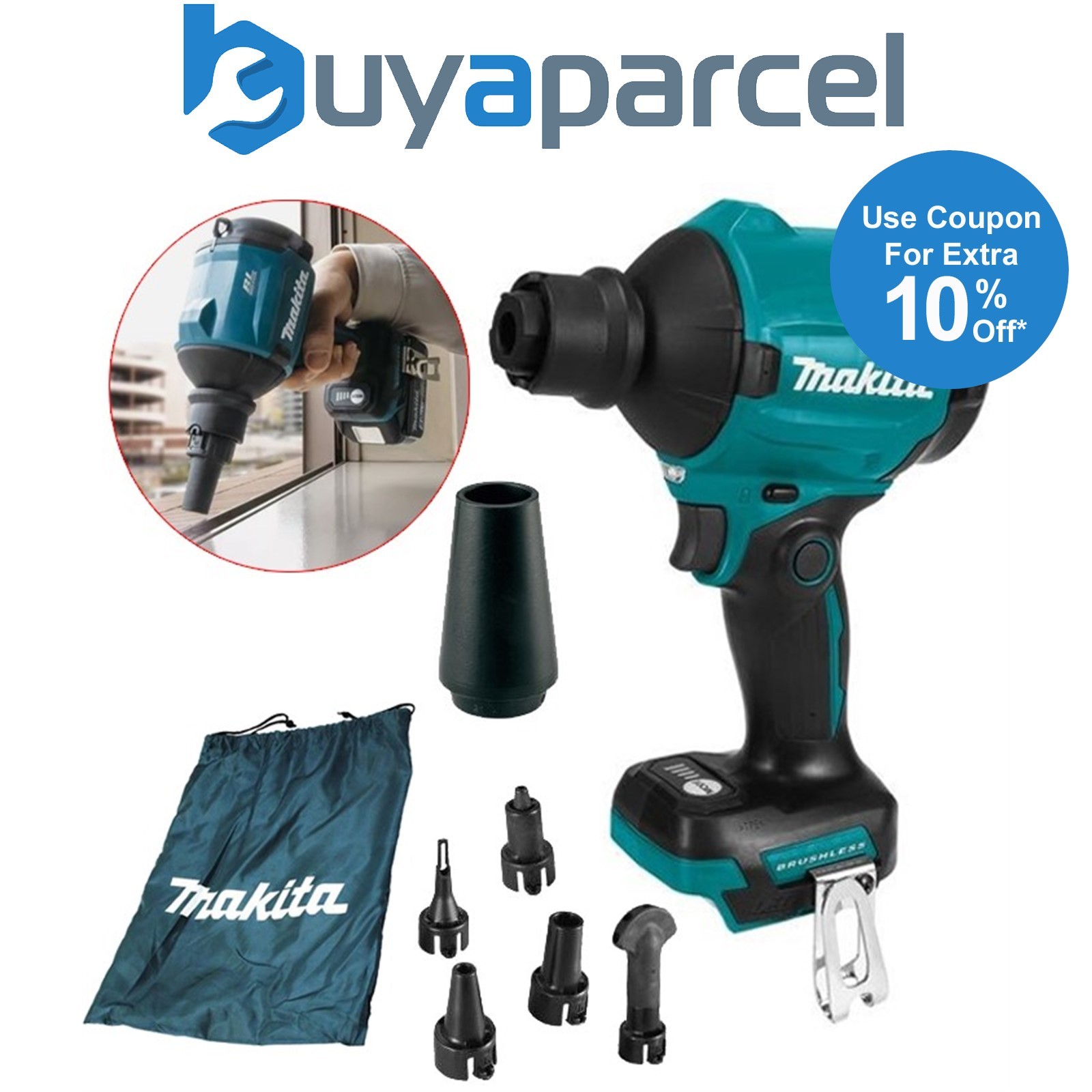 Makita DAS180Z 18v Brushless Dust Blower Inflator Deflator LXT + 6 Nozzles