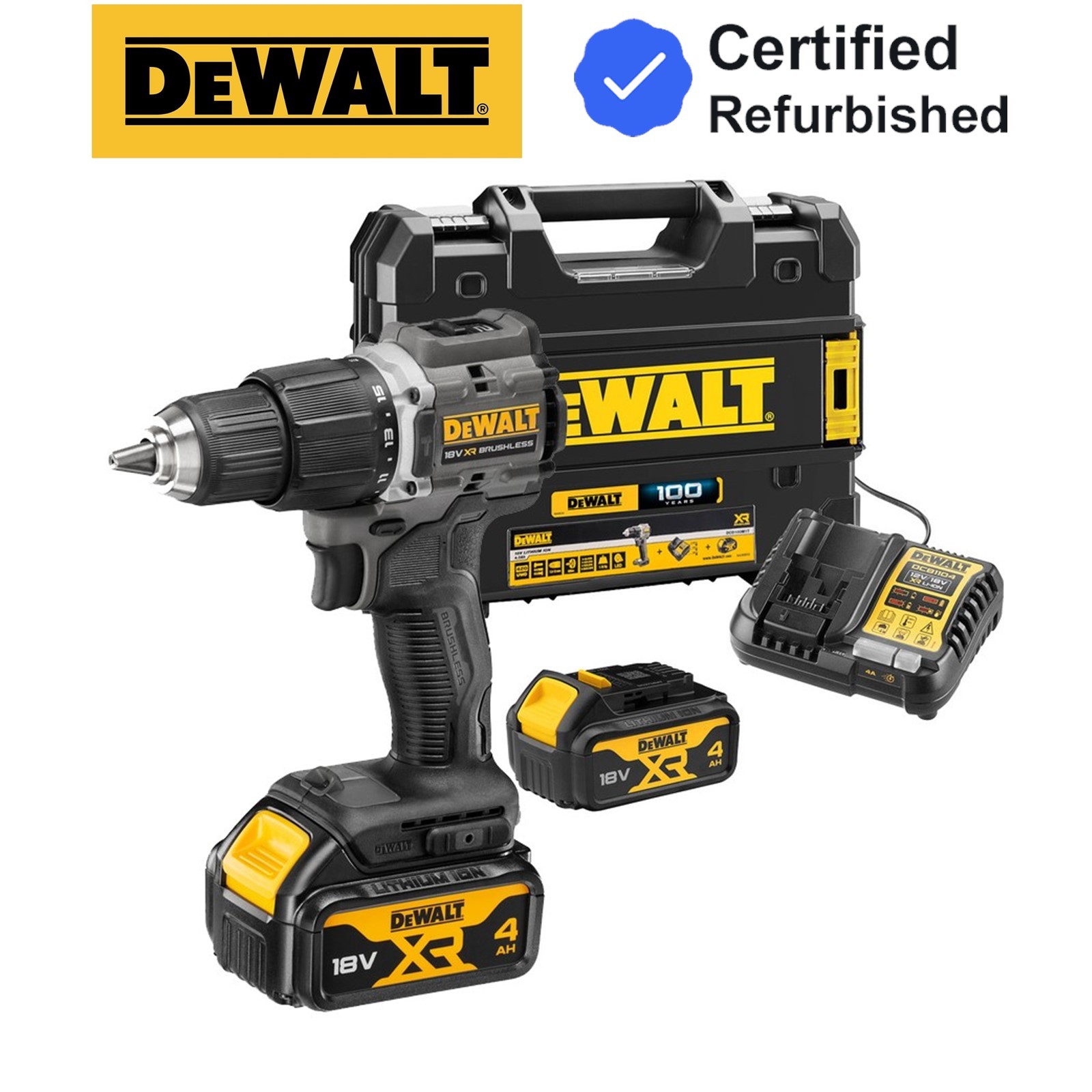 Dewalt DCD100M2T Black 18v XR Brushless Compact Combi Hammer Drill 4AH 100 Year