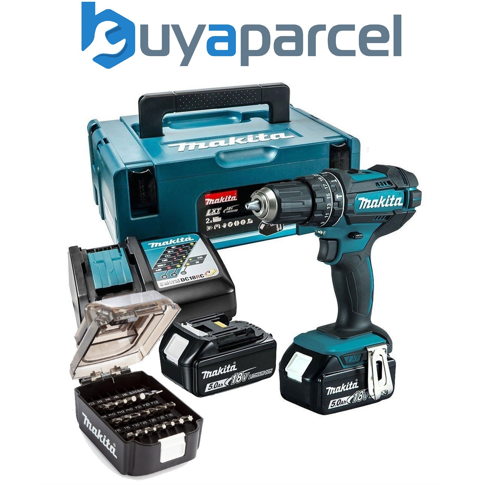 Makita DHP482JX14 18v LXT Cordless Combi Drill Kit 2 x 5ah + 21 Piece Bit Set